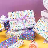 Birthday Wrapping Paper Roll, Happy Birthday Lettering, Stars, & Colorful Dots In Purple, 17 Inches X 32.8 Feet (46.45 Sq.Ft.)