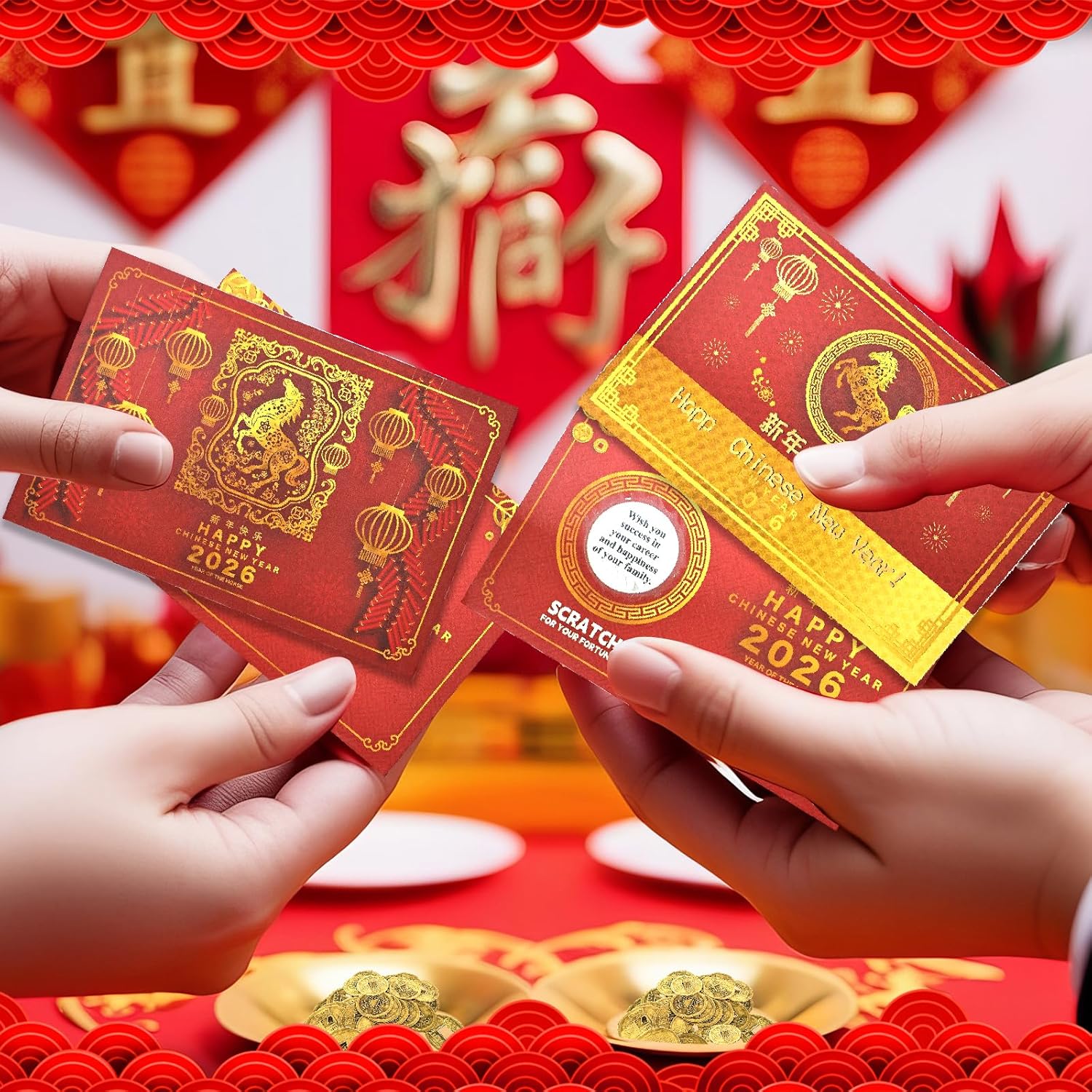 130 Pcs Chinese New Year 2026 Scratch Off Fortune Cards With 30 Feng Shui Coins Lunar New Year Fortune Cards For 2026 Years Of The Horse Party Games Spring Festival Party Celebrations Activities