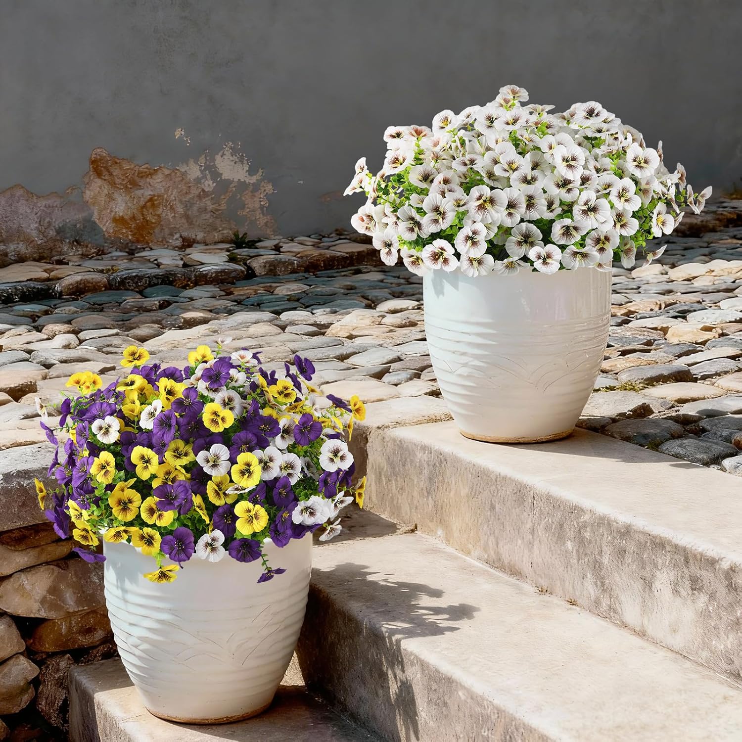 12 Bundles Realistic Artificial Flowers For Outdoor Home Spring Decorations, Faux Pansies Silk Detachable Fake Plants Moldable Eucalyptus Stems For Planters Pot Patio Window Box Cemetery (White)