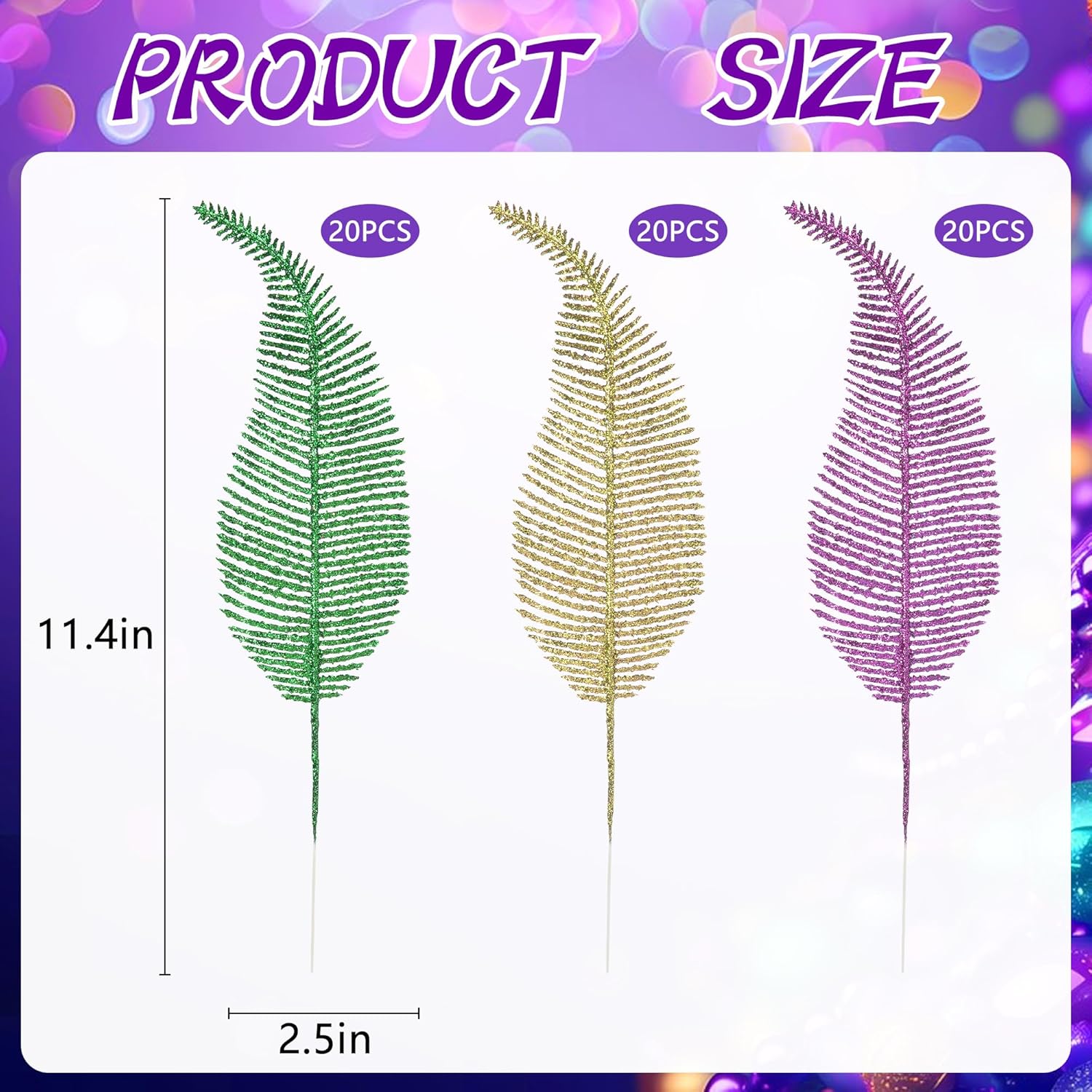 60 Pcs Mardi Gras Glitter Leaves Feathers Stems, 11.4" X 2.5" Purple Gold Green Artificial Feather Leaves Picks Vase Filler, Mardi Gras Faux Sparkly Leaf Twigs Sprays For Carnival Party Table Decor