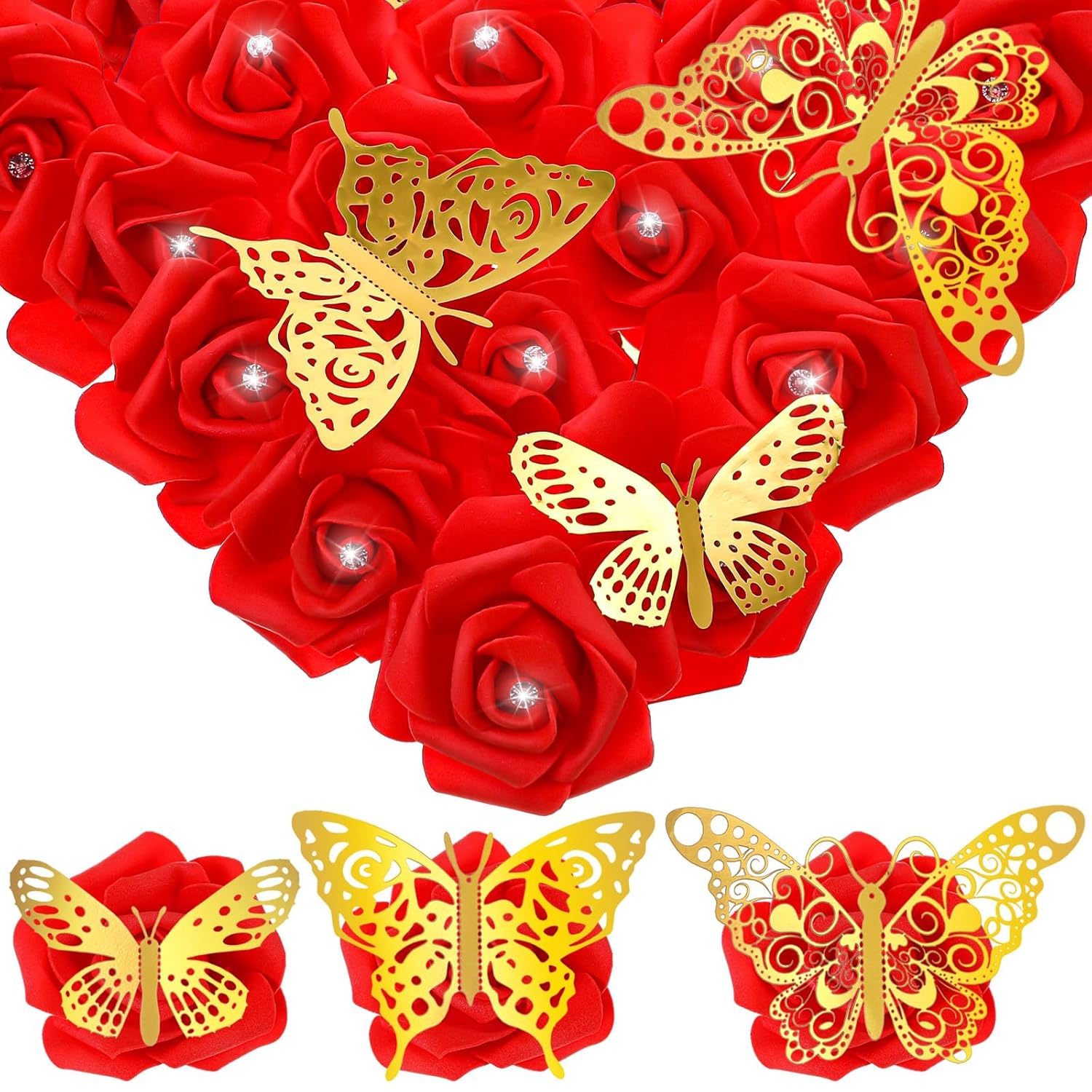 100 Pack Pink Red Roses Artificial Flowers Heads Foam Fake Rose Butterfly Diamond Pins For Diy Holiday Wall Bridal Shower, Wedding Bouquet Decoration (Red)