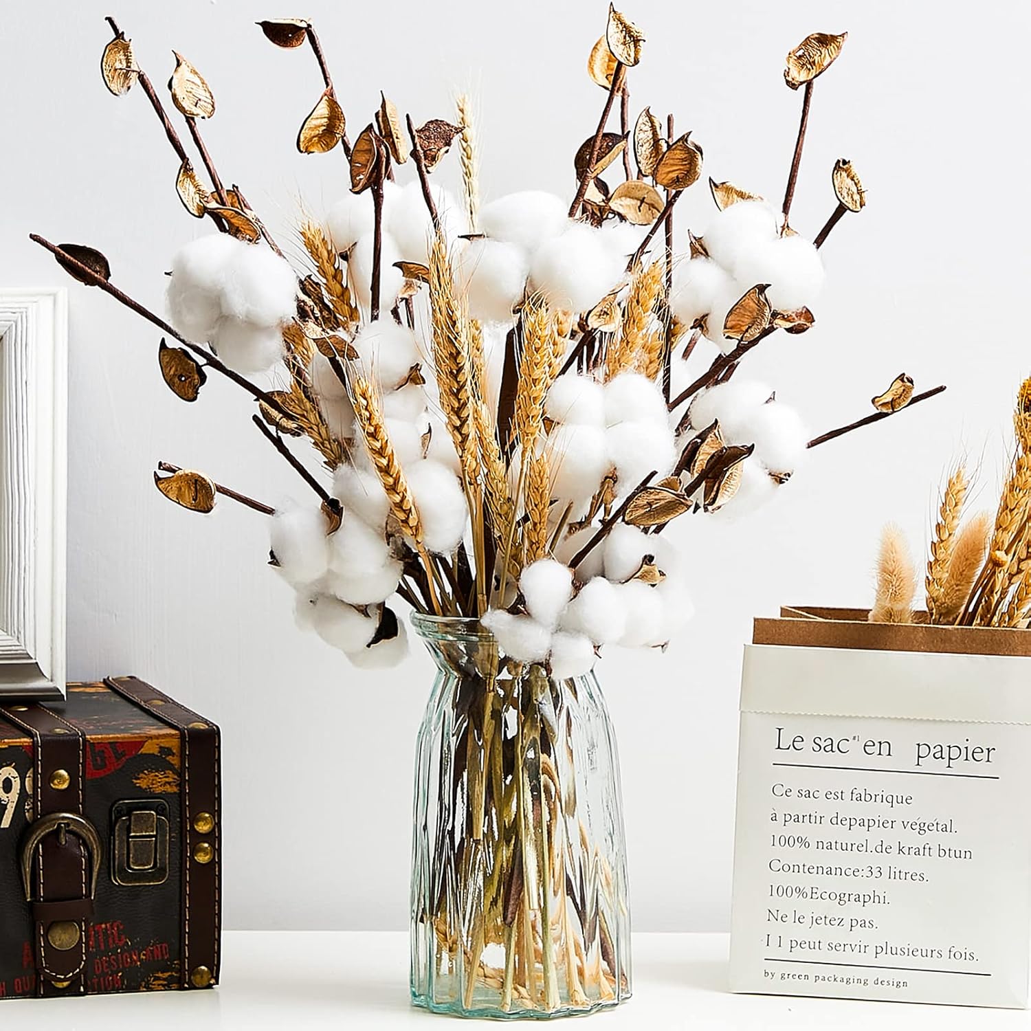 24 Pieces Farmhouse Cotton Flowers 17.7 Inch Fake Artificial Cotton Stems With Head Dried Wheat Stalks Natural Wheat Bouquet Bunch For Graduation Bouquet Table Home Kitchen Wedding Office Decor