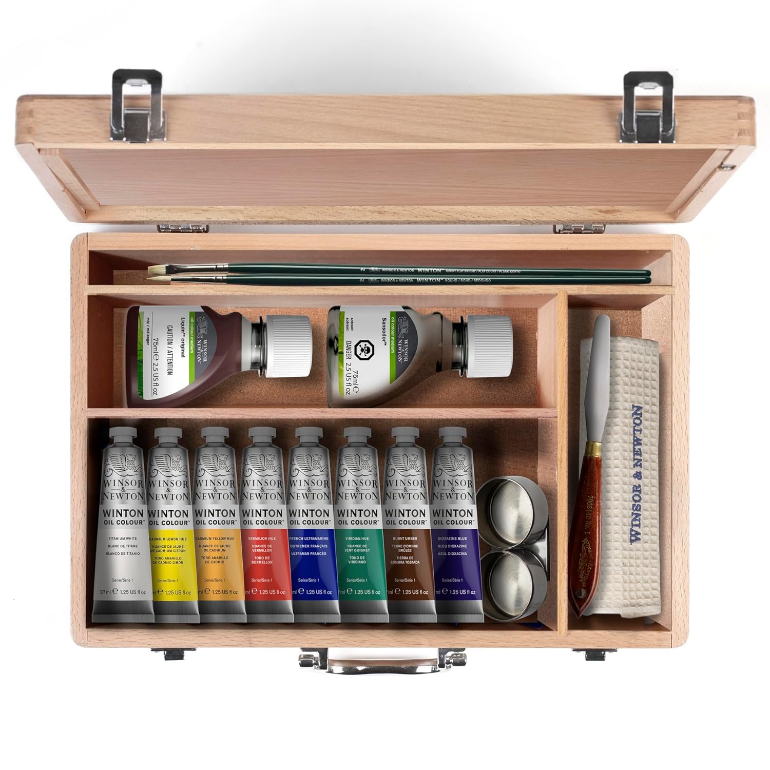 Winsor & Newton Winton Oil Colour, Wooden Paint Set 8 x 37ml Tubes (includes Liquin, Sansodor, 2 Brushes, Knife, Cloth, Godet)