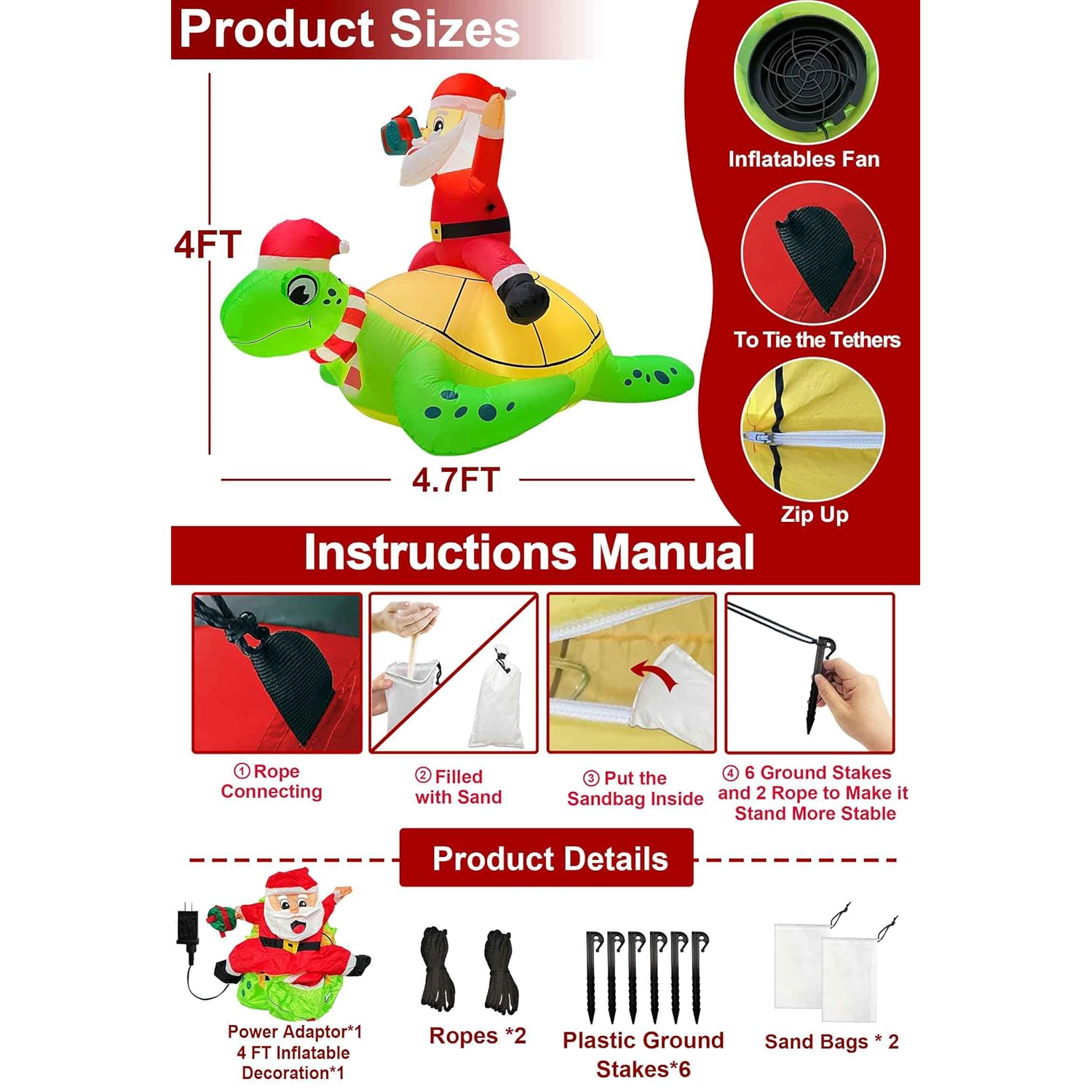 5 Ft By 4 Ft Christmas Inflatables Santa Ride On Sea Turtle With Led Lights, Outdoor Christmas Inflatables With Sandbag