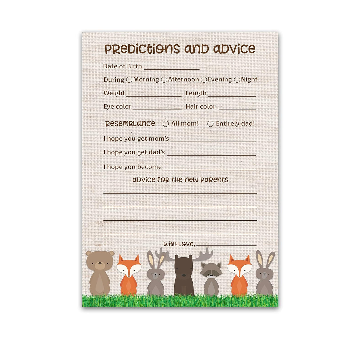 Woodland Animals Prediction And Advice Cards - Pack Of 25 - Rustic Gender Neutral Baby Shower Games, Wishes For New Parents Mom & Dad To Be Mommy & Daddy Message Shower Activity Keepsake G601-Pdav