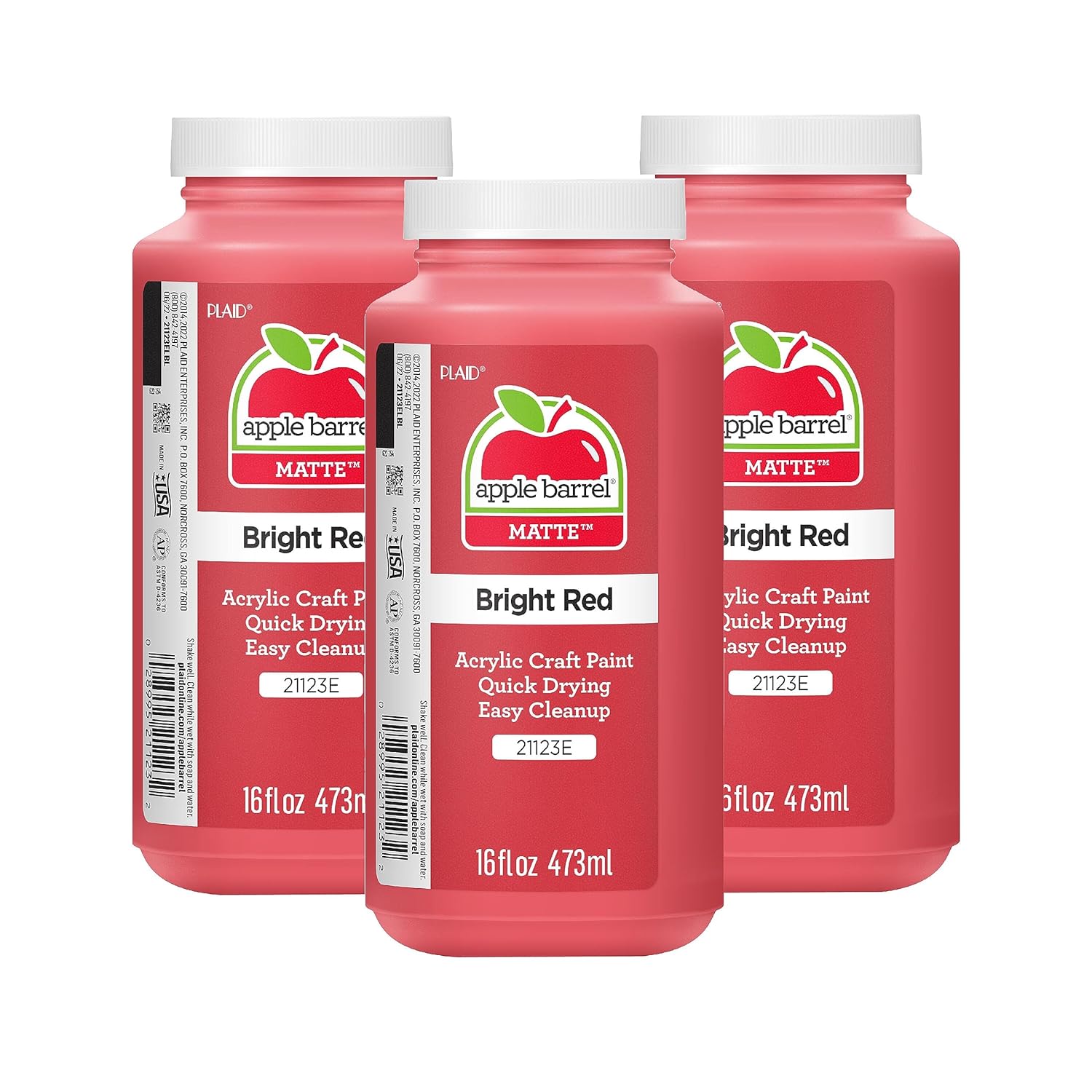 Apple Barrel Acrylic Paint in Assorted Colors (16 Ounce), 21123A, Bright Red- (Pack of 3)