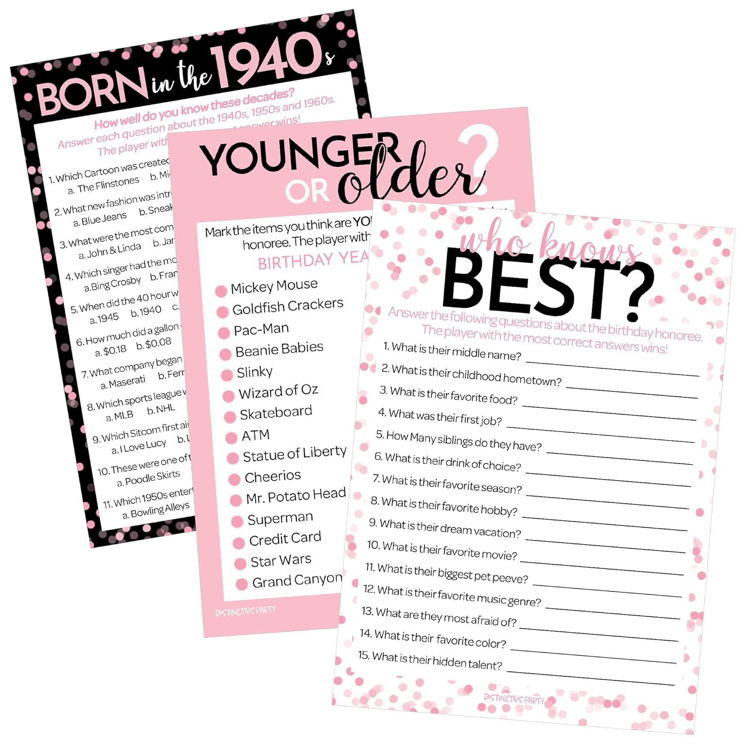 Pink And Black 80Th Birthday Party Games Bundle - Set Of 3 Birthday Games For Adults - 20 Guests, Born In The 1940S Theme