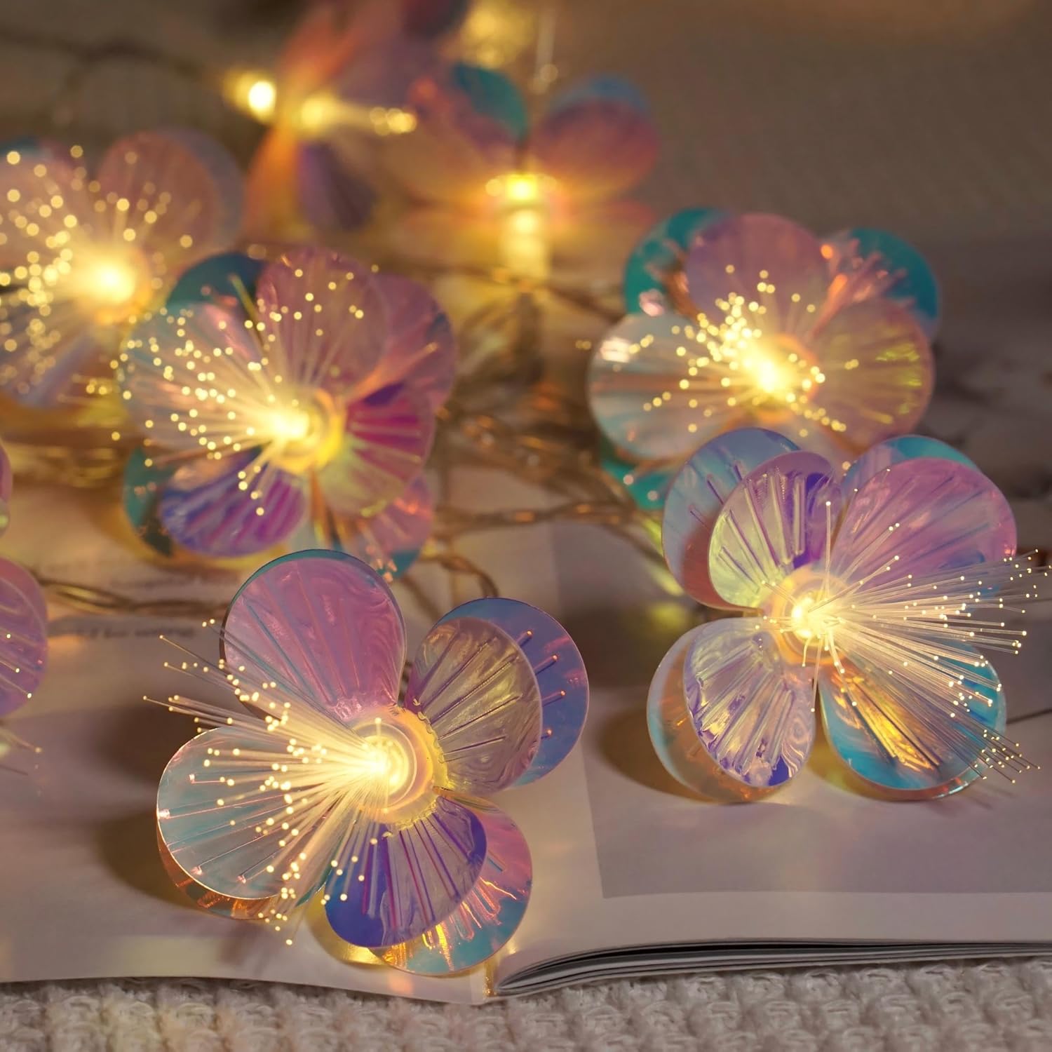 Fiber Optic Flower String Lights Battery Operated 5Ft 10 Led Artificial Flower Garland Fairy Lights For Wedding Christma