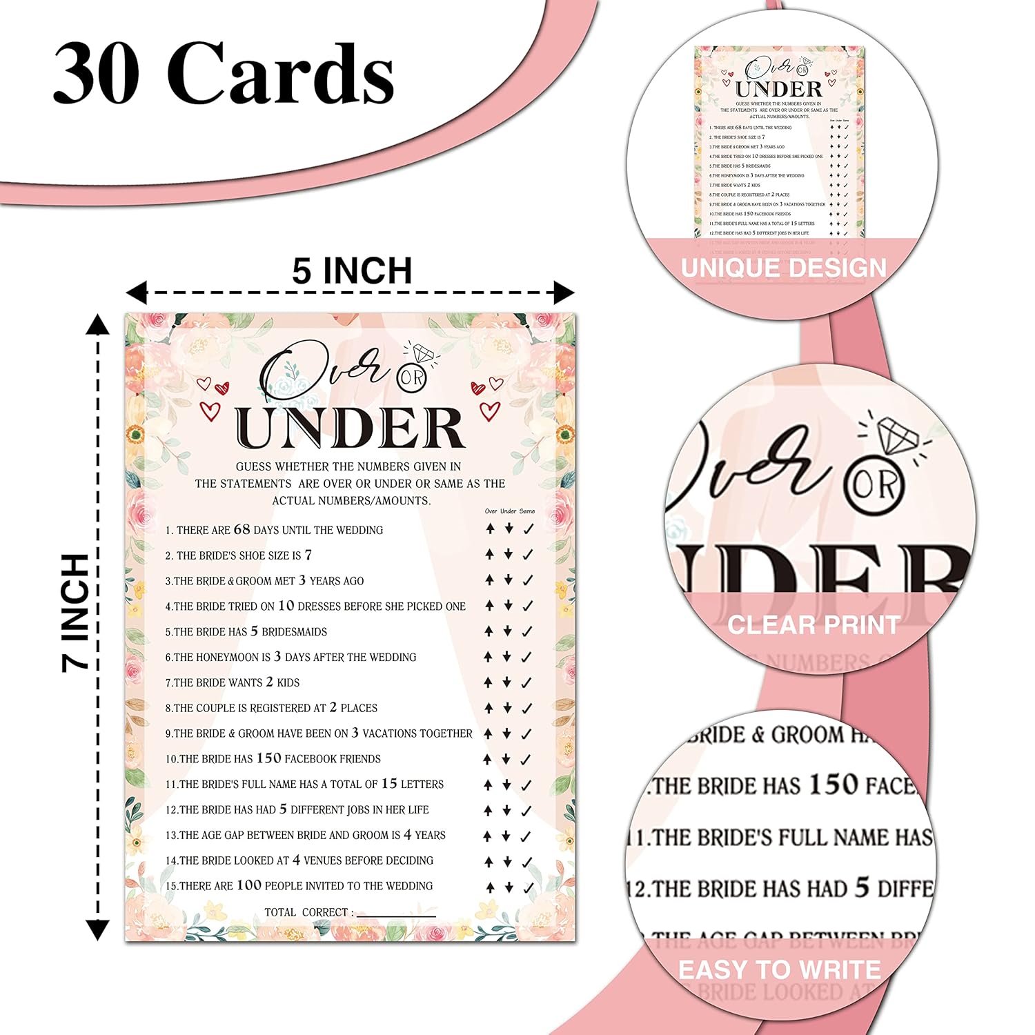 Bridal Shower Games, Over Or Under Wedding Shower Game Card, Blush Pink Boho Floral Romantic Engagement/Bachelorette Party Ideas Activities Supplies Decorations(30 Cards) - A03
