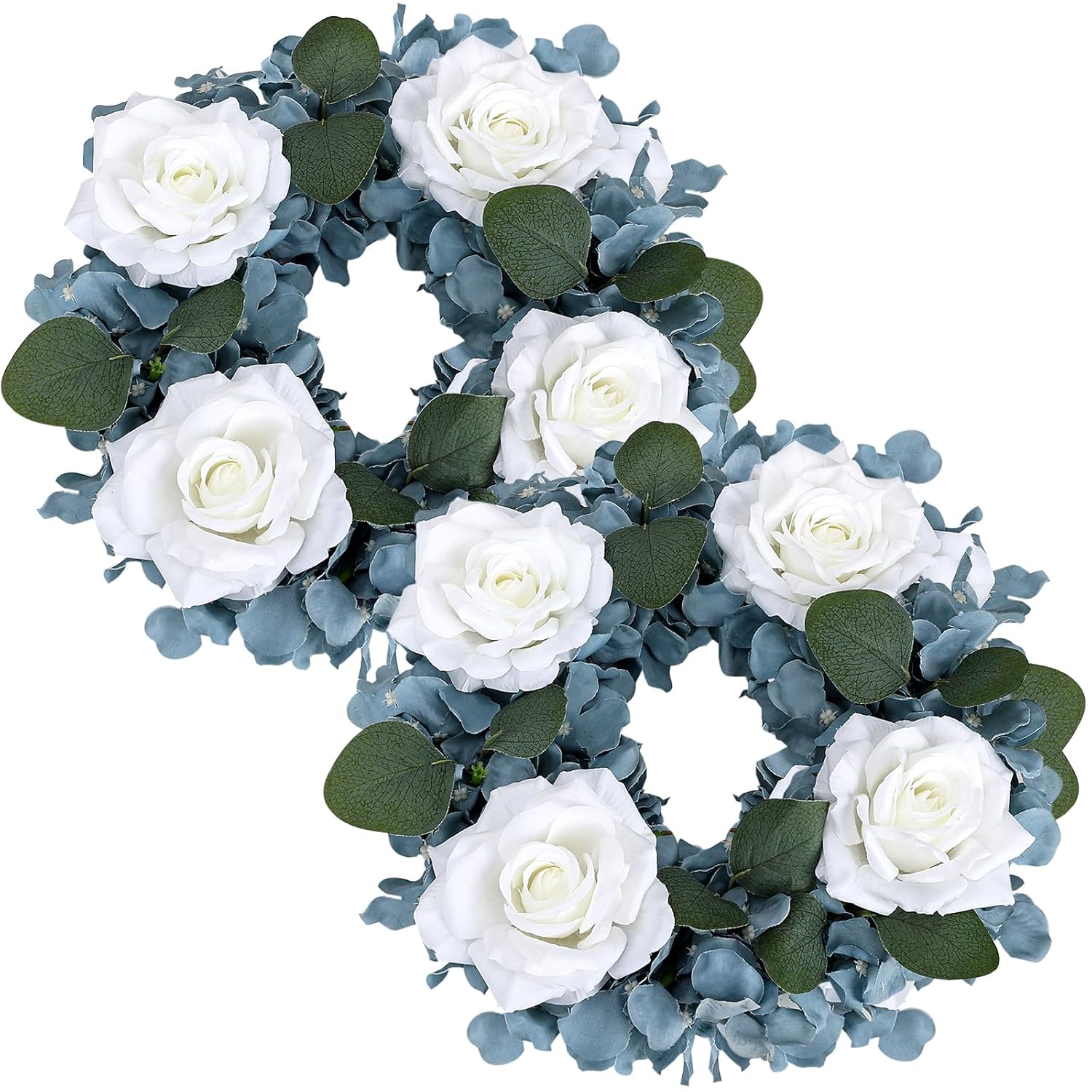 Artificial Flower Candle Rings - 6 Inch Inner Rose Floral Wreaths With Butterflies For Wedding Bridal Event Table Centerpieces Backdrop Decorations (Dusty Blue & White, 2 X Candle Rings)