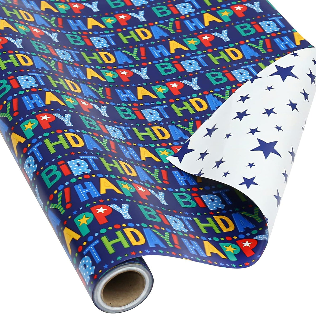 Reversible Birthday Wrapping Paper For Boys Girls Kids Adults Baby Shower Holiday - Colorful Happy Birthday Lettering And Stars Design - Gift Wrap Paper Roll, 17.7 Inch X 33 Feet