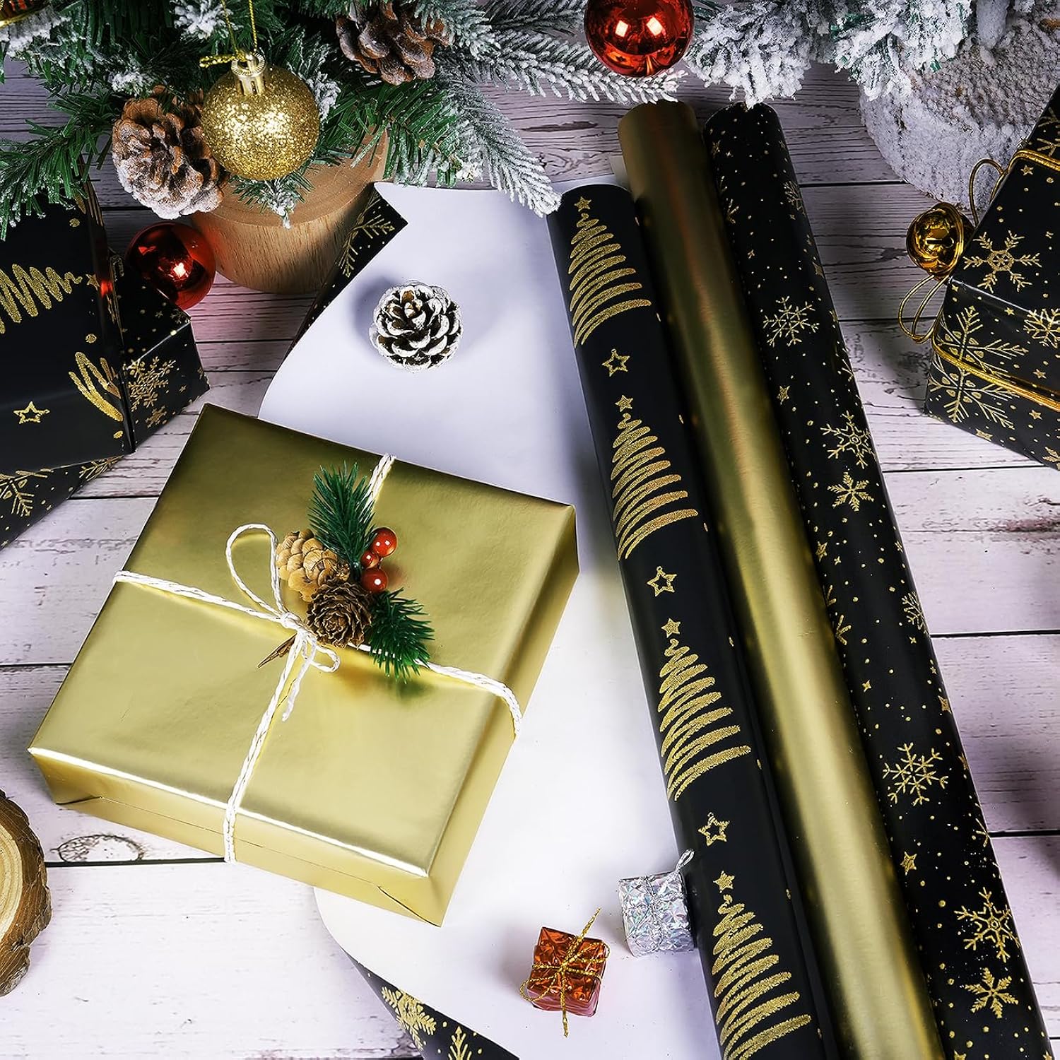 Christmas Wrapping Paper Rolls, Mini Roll - 3 Rolls Black And Gold Xmas Wrapping Paper, Gold Foil Christmas Trees And Snowflake Wrapping Paper For Xmas, New Year, Winter Holiday, Party, 17 X 120 Inch Each Roll