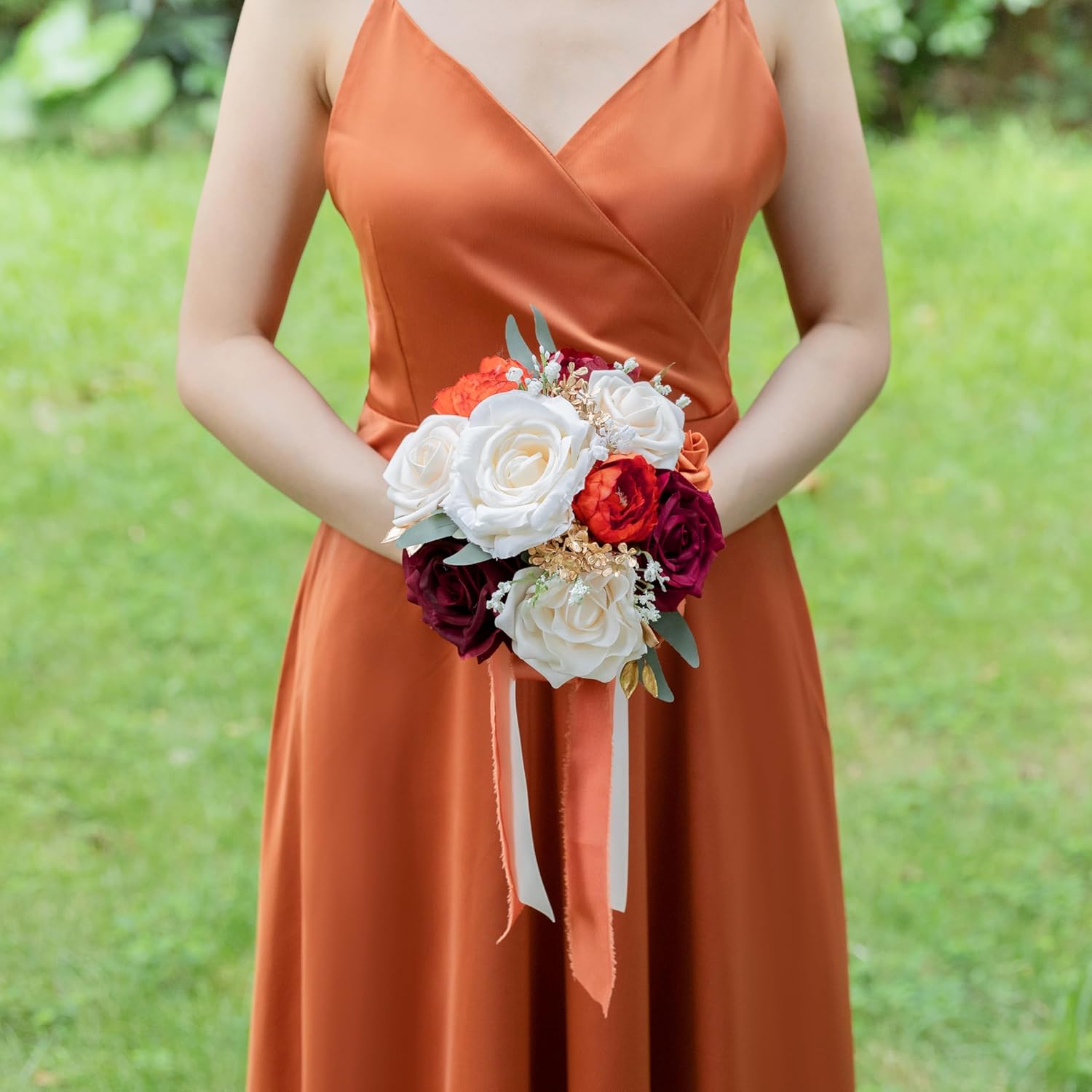 Burnt Orange Wedding Bouquets For Bride Bridesmaid, Artificial Burgundy Prom Flowers Bouquet For Weddins, Ceremony, Anniversary, 7 Inches