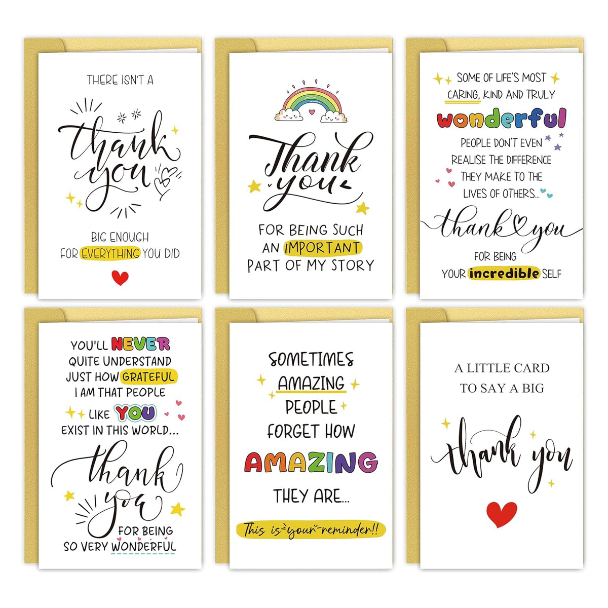 6 Pcs Thank You Cards With Envelope, 8 X 5.3 Inches, Appreciation Card For Men Women, Lovely Thank You Gifts Card For Friend, Coworker, Teacher
