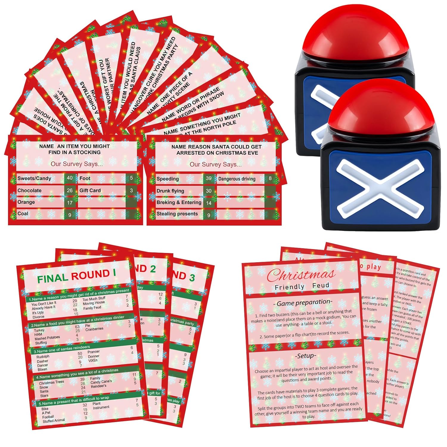 Christmas Friendly Feud Game With 2 Answer Buzzers, Fun Family Christmas Party Games For Adults Xmas Feud Card Trivia Quiz Activities For Holiday Party Family Office Group Team Building