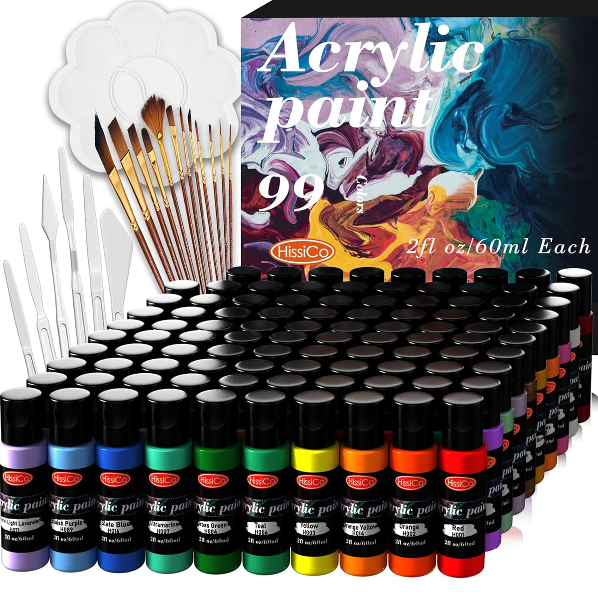 118Pcs Acrylic Paint Set Of 99 Colors 2Fl Oz 60Ml Bottles With 12 Brushes 6 Paint Knives And Palette,Non Toxic Rich Pigment For Kids Adults Artists Canvas Crafts Wood Painting
