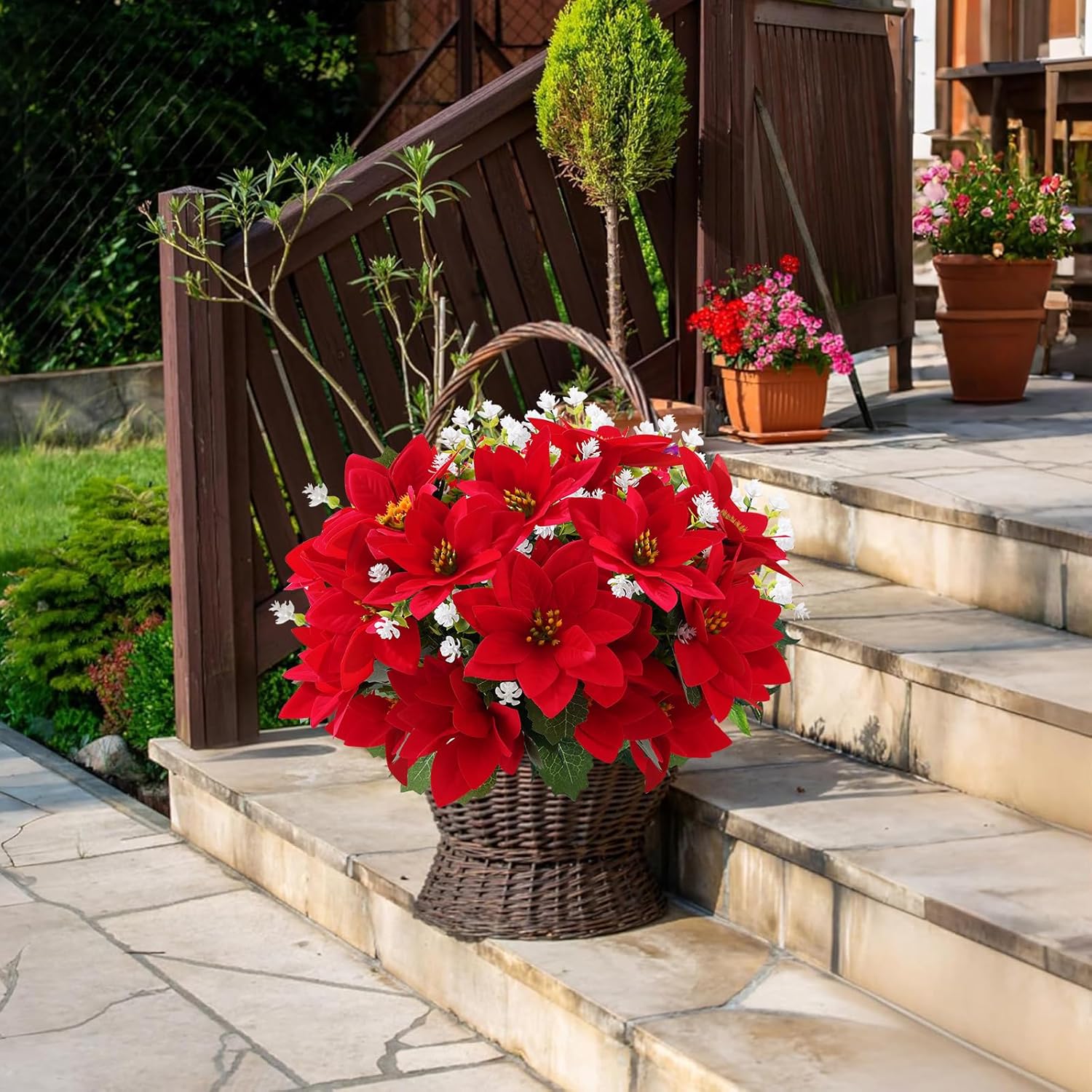 Artificial Flowers For Outdoors Red Christmas Poinsettia Flowers 12 Bundles Mixed Fake Plants Uv Resistant Faux Flowers For Outdoor Planters Garden Porch Patio Home Winter Decor