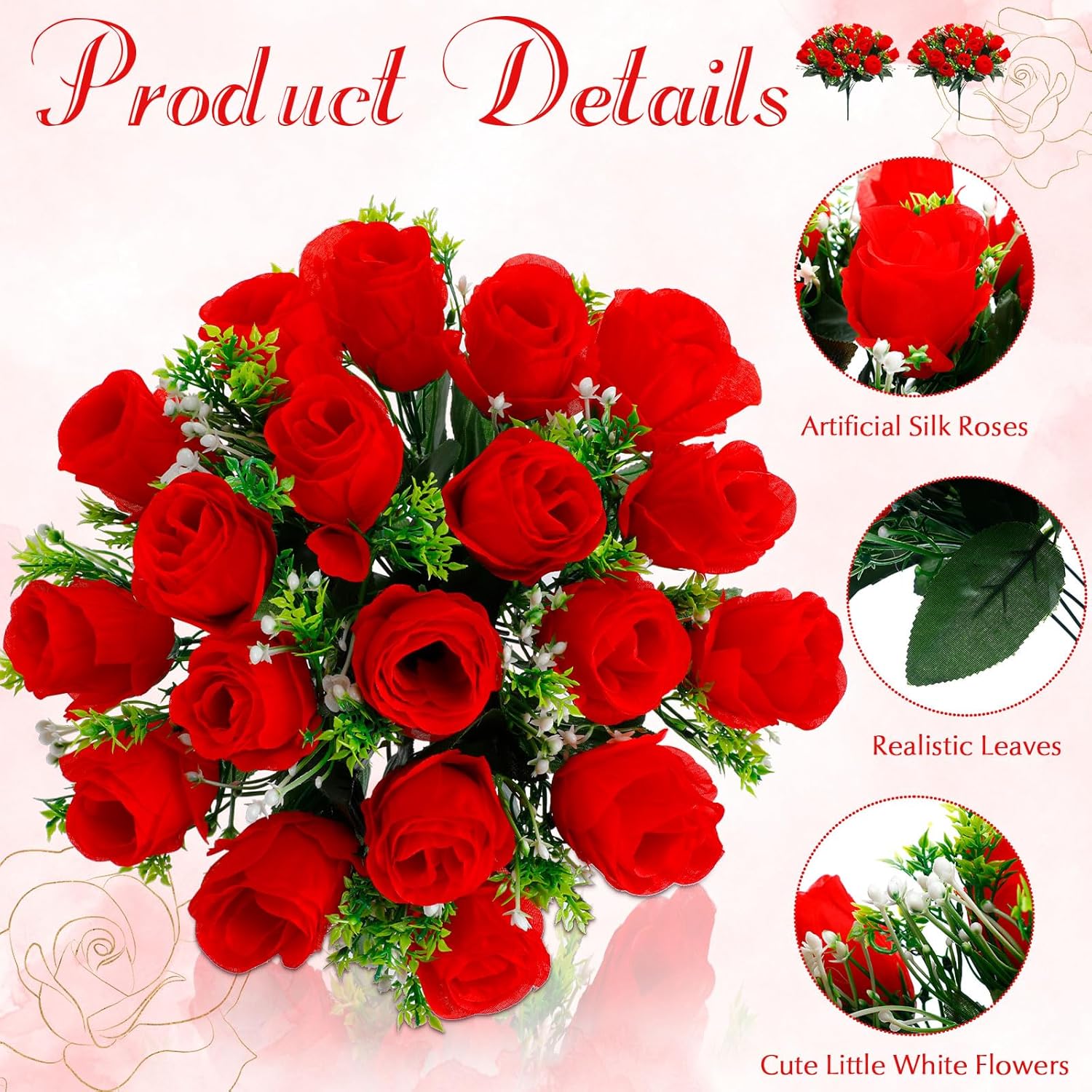 2 Bouquets Christmas Cemetery Flowers For Grave Memorial 18 Heads Artificial Flowers Cemetery Day Silk Grave Faux Roses Arrangements For Christmas Headstones Tombstone Decor(Red)