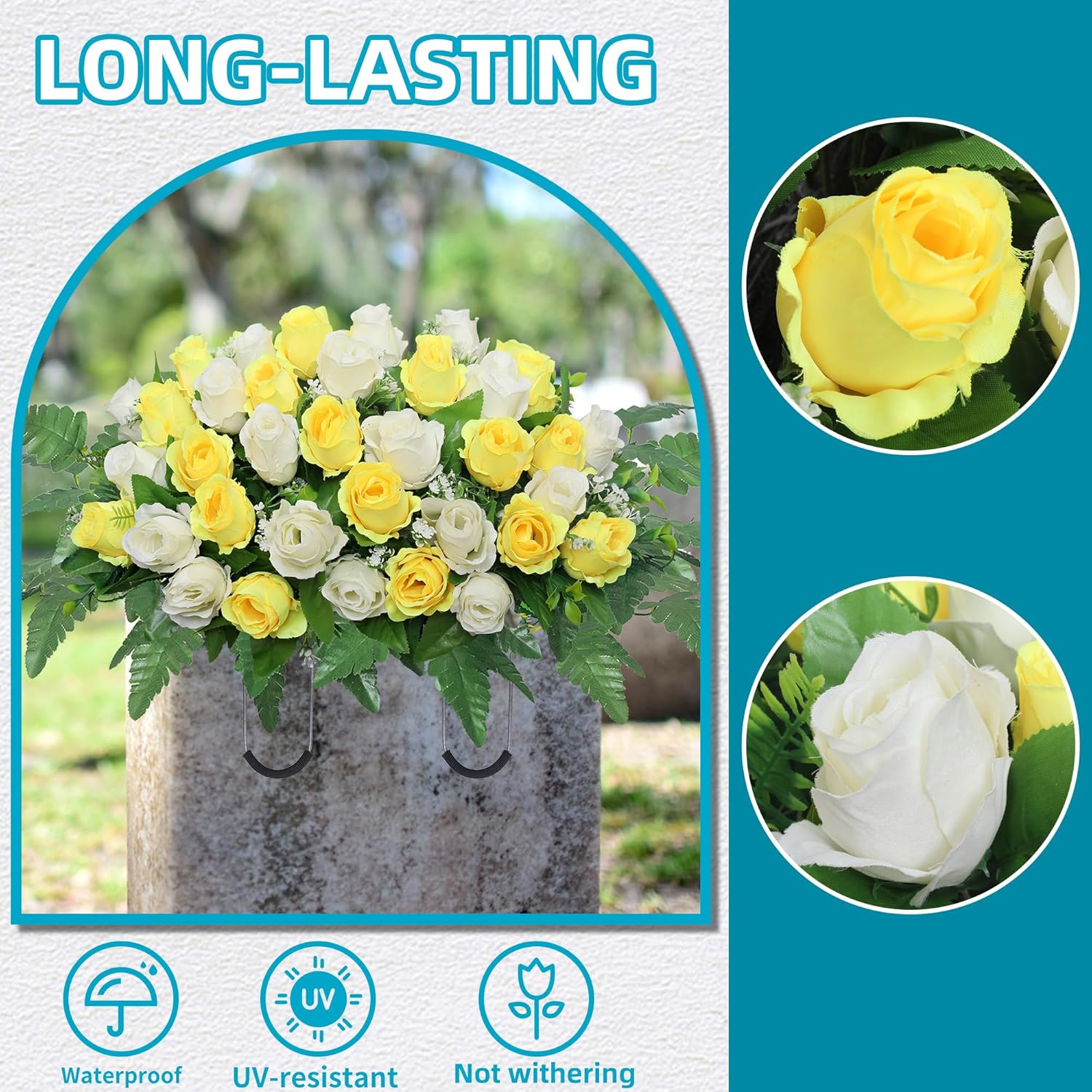 Artificial Cemetery Flowers Saddle - Grave Decoration Headstone Flower Rose For Outdoor Grave Decorations (Yellow White)
