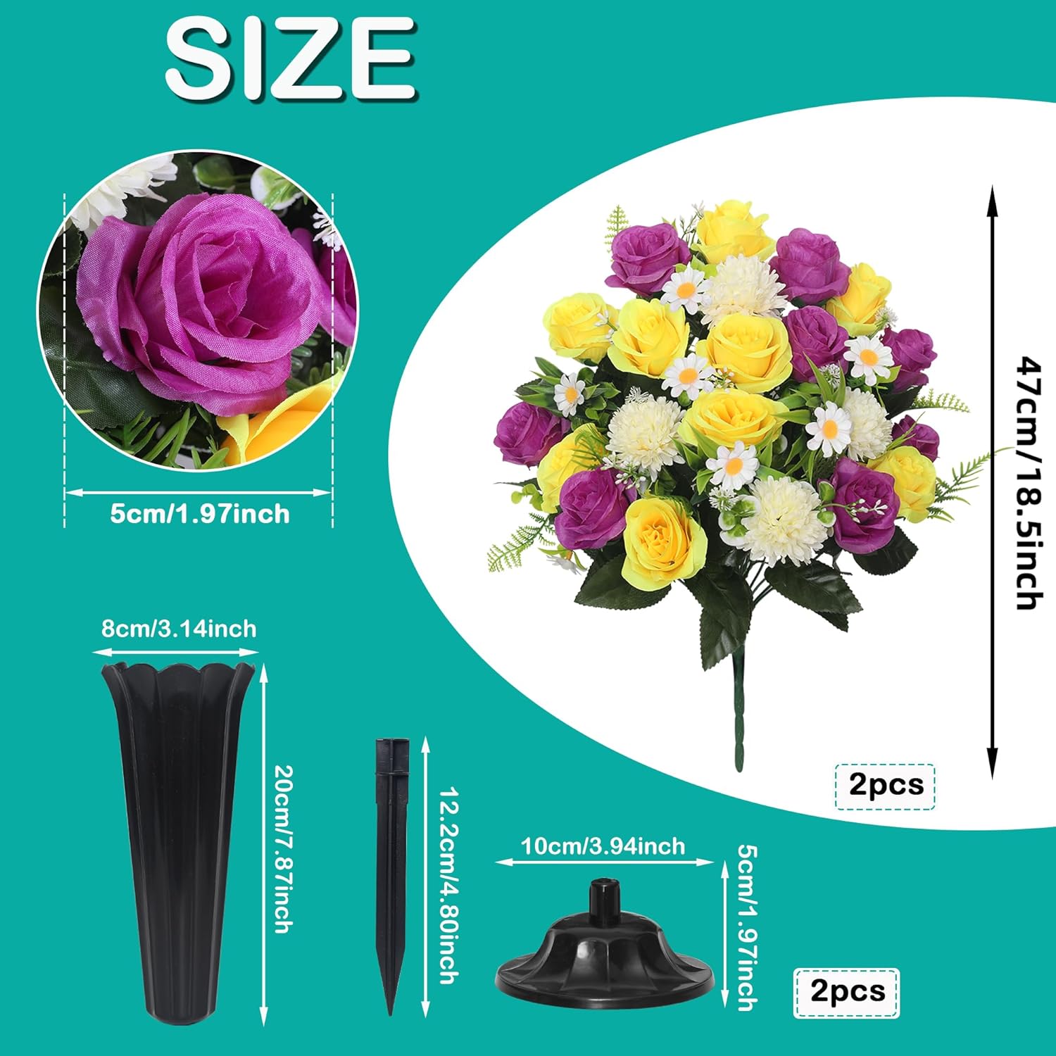 Cemetery Flowers For Grave,Artificial 24 Heads Large Chrysanthemums Rose Daisy With Cemetery Vase,Artificial Cemetery Flowers For Outdoor Grave Decorations (Purple, 24 Head)