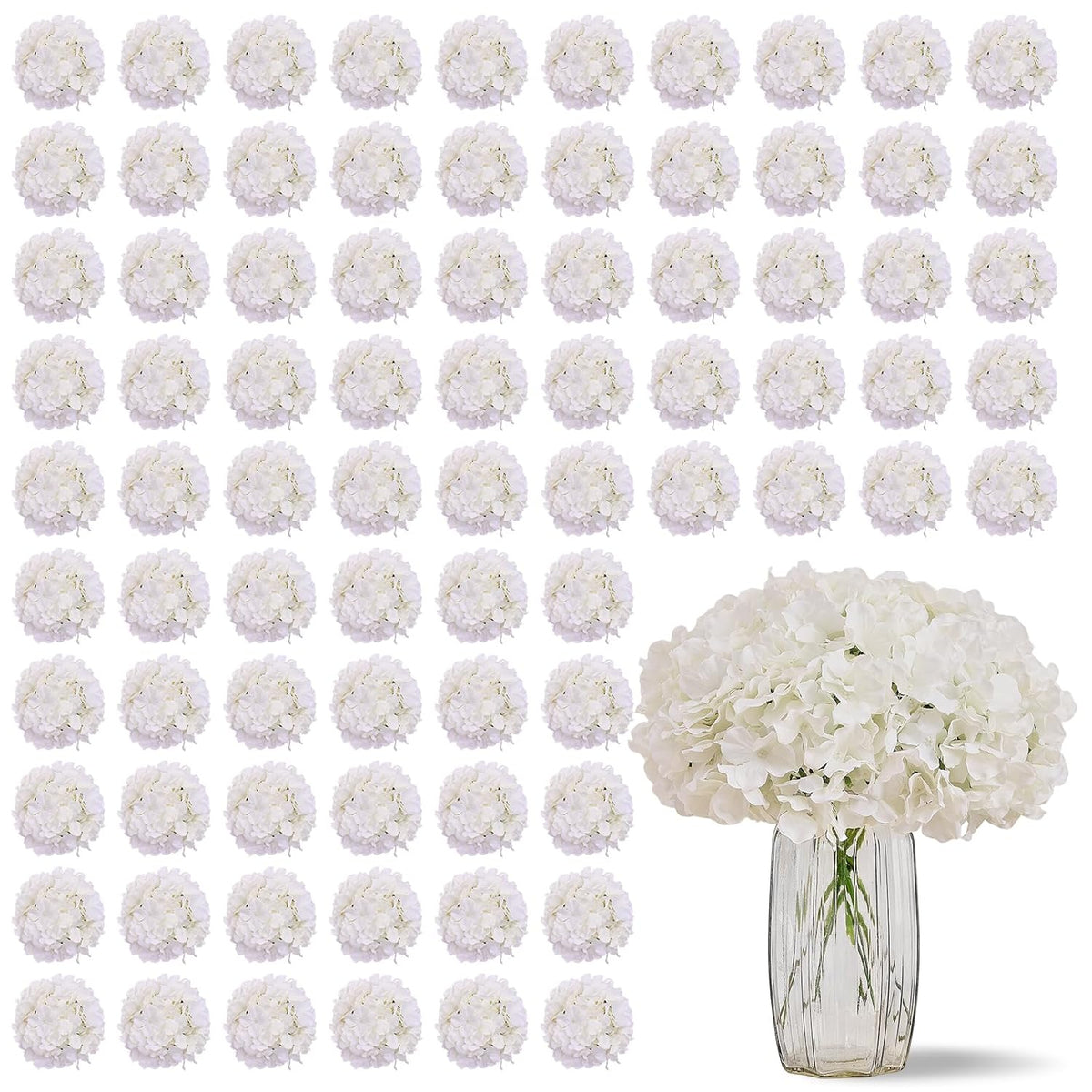 100 Pcs Ivory Hydrangea Artificial Flowers, Faux Hydrangea Flowers Silk Full Flowers Heads With Stems For Wedding Centerpieces, Home, Garden, Baby Shower, Party Decoration