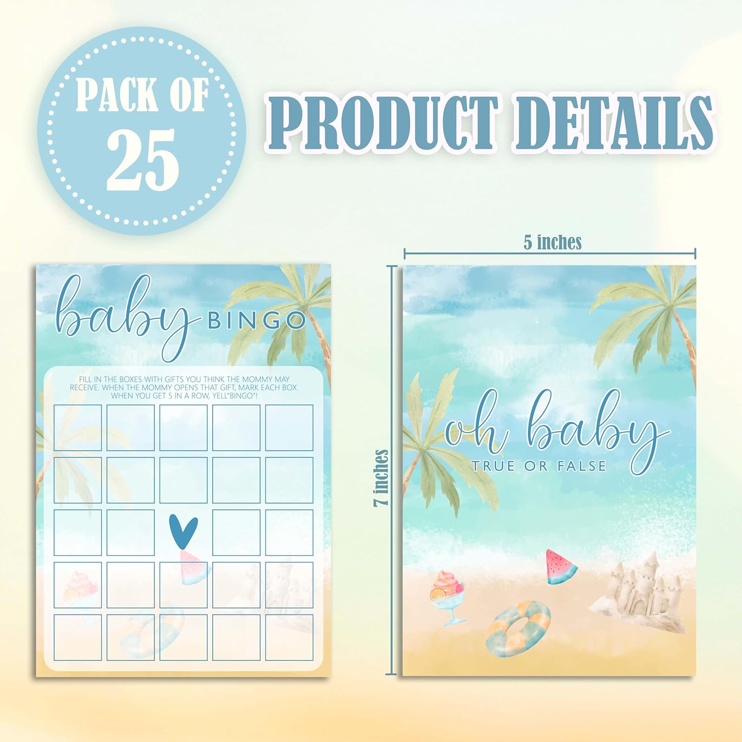 Summer Beach Baby Shower Games, Blue Ocean Baby Shower Decorations, 5X7 In & 25 Pcs Baby Bingo Game Set, Gender Neutral Party Supplies & Favor-A03