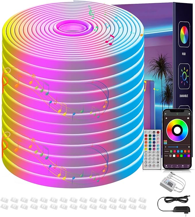 50FT RGB Neon Rope Lights IP67 Waterproof App Remote Control Music Sync Flexible LED Strip