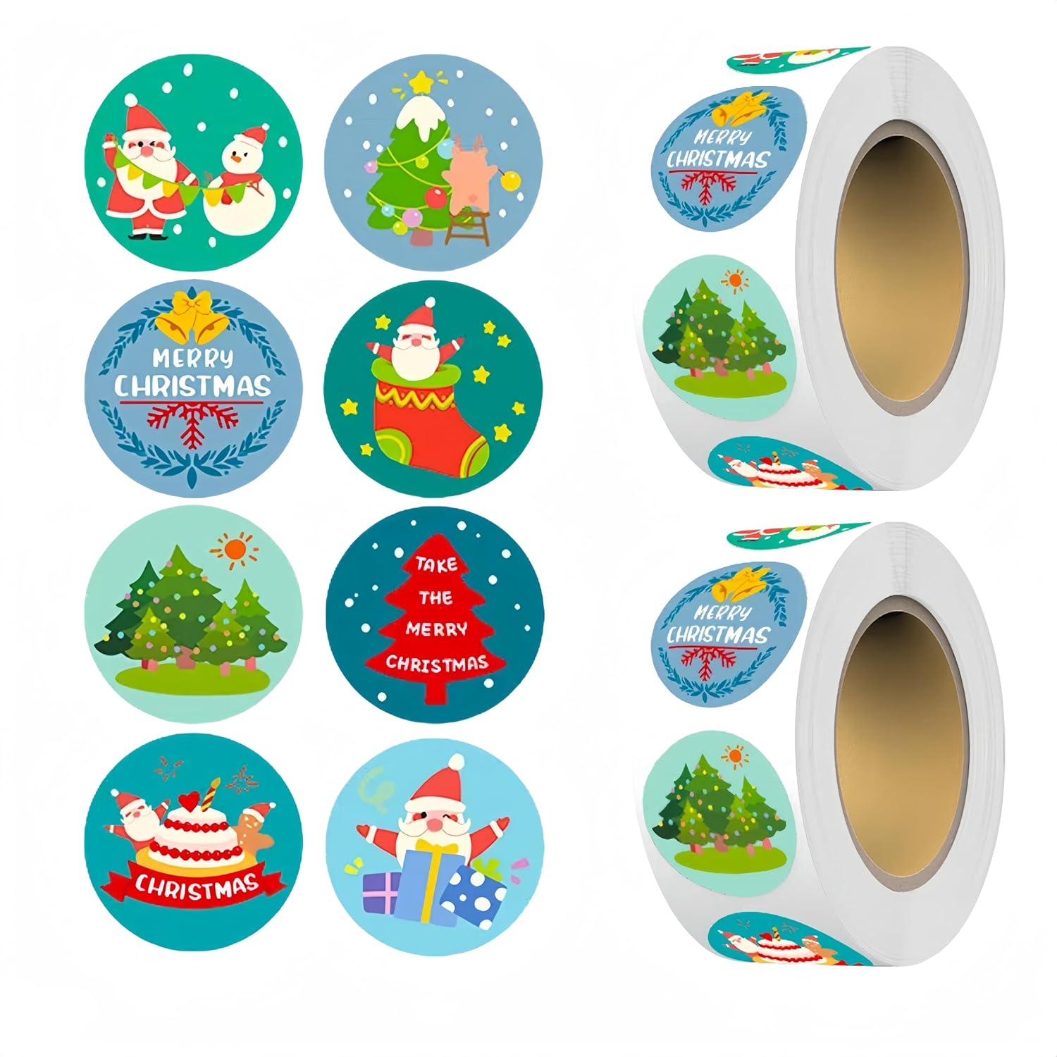 1000Pcs Christmas Stickers Roll - 8 Designs 1 Inch Assorted Xmas Stickers, Festive Self-Adhesive Round Labels For Envelopes, Cards, Gift Wrapping, Sealing, Holiday, New Year Party Decorations