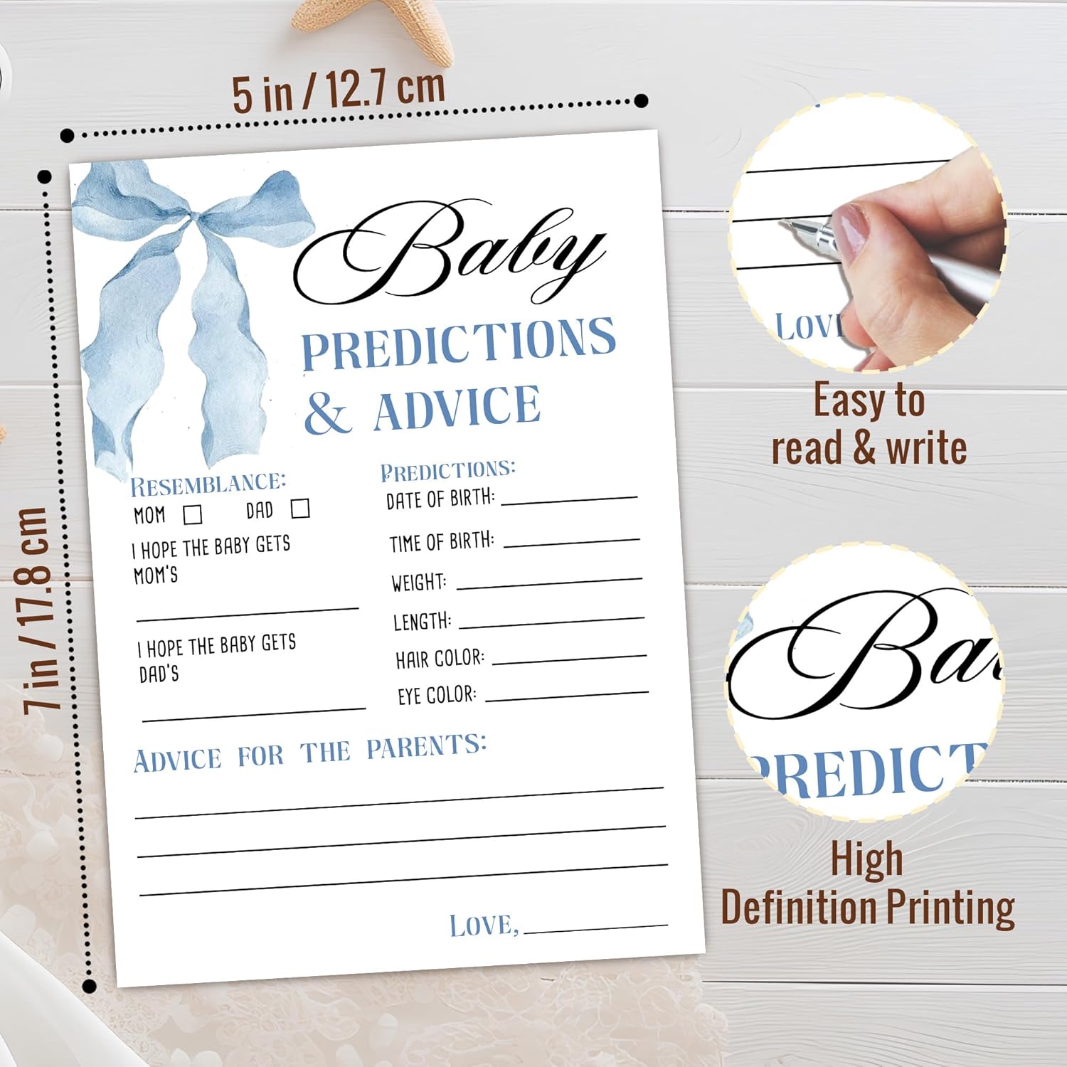 Predictions And Advice Cards, Blue Baby Shower Games For Boy, 25 Gender Neutral Cards, Blue Bow Gender Reveal Games Party Supply Kit, Baby Shower Decorations(5''X7'')-A20