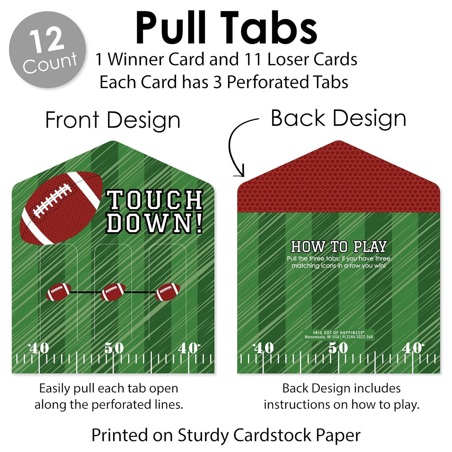Big Dot of Happiness End Zone - Football - Baby Shower or Birthday Party Game Pickle Cards - Pull Tabs 3-in-a-Row - Set of 12