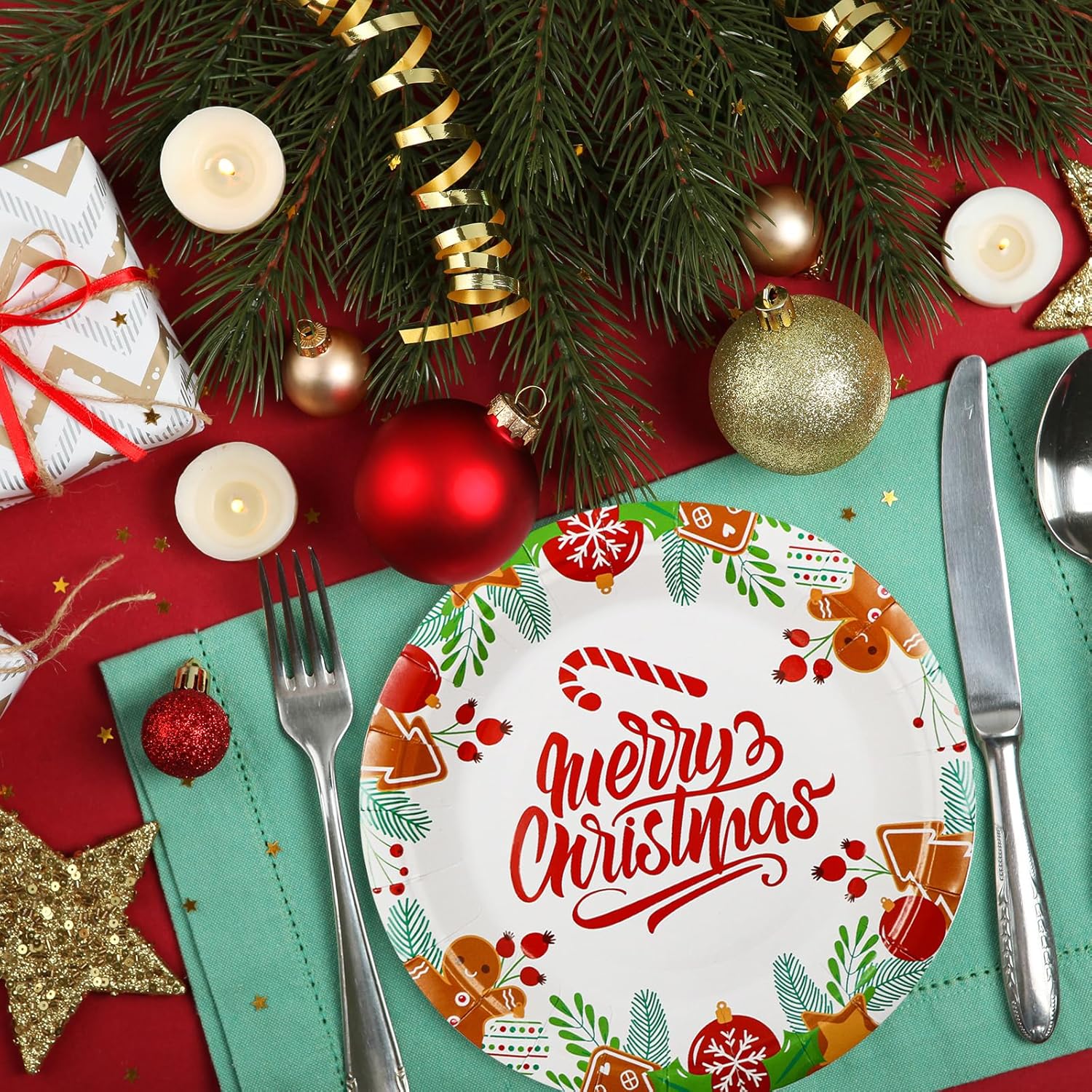 7 Inch Christmas Party Paper Plates Disposable 50 Pcs Merry Christmas Holiday Dinner Plates Dessert Plates Party Decorations