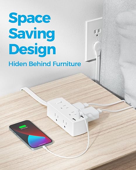Flat Plug Power Strip with 6 Outlets 3 USB Ports 1 USB C 5FT Extension Cord White