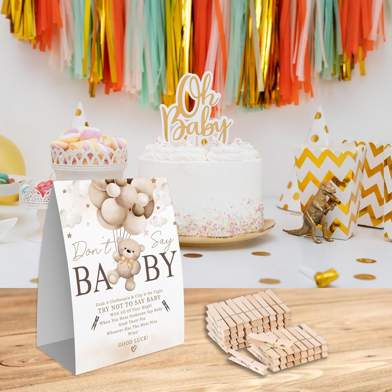 Don'T Say Baby Game For Baby Shower, 50 Wooden Clothespins And One Sign, Brown Boho Bear Theme, Pins For Baby Shower Decorations, Gender Reveal Games, Baby Shower Supplies-Bb35