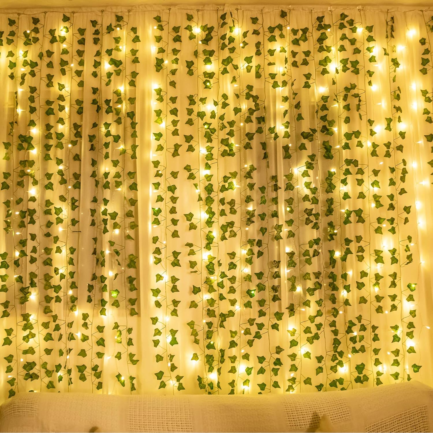 84Ft 12 Pack Artificial Ivy Leaf Plants Vine With 80 Led String Light,Green Vines Garland, Hanging For Home Kitchen Office Wedding Wall Décor