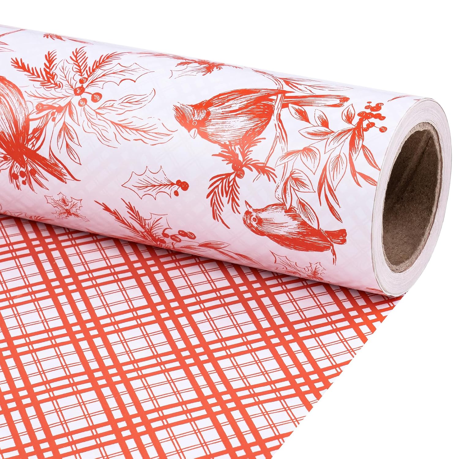 Reversible Christmas Wrapping Paper Roll, Mini Roll, Vintage Red Botanical Bird And Pinecone Design, Red White Plaid Pattern Gift Wrap Paper For Elegant Holiday Gifts, 17 Inches X 32.8 Feet