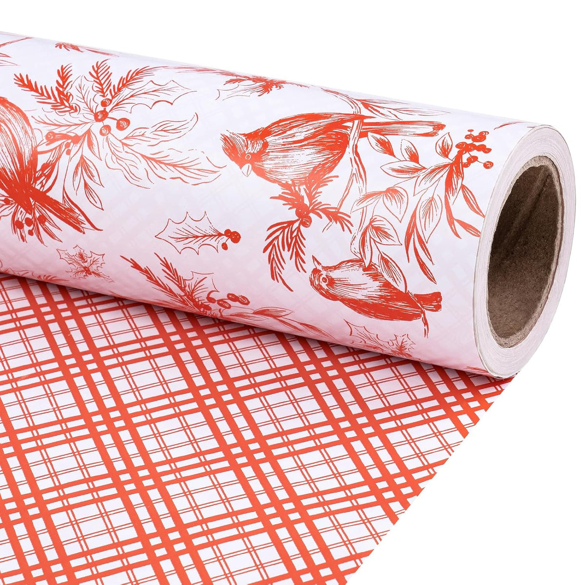 Reversible Christmas Wrapping Paper Roll, Mini Roll, Vintage Red Botanical Bird And Pinecone Design, Red White Plaid Pattern Gift Wrap Paper For Elegant Holiday Gifts, 17 Inches X 32.8 Feet