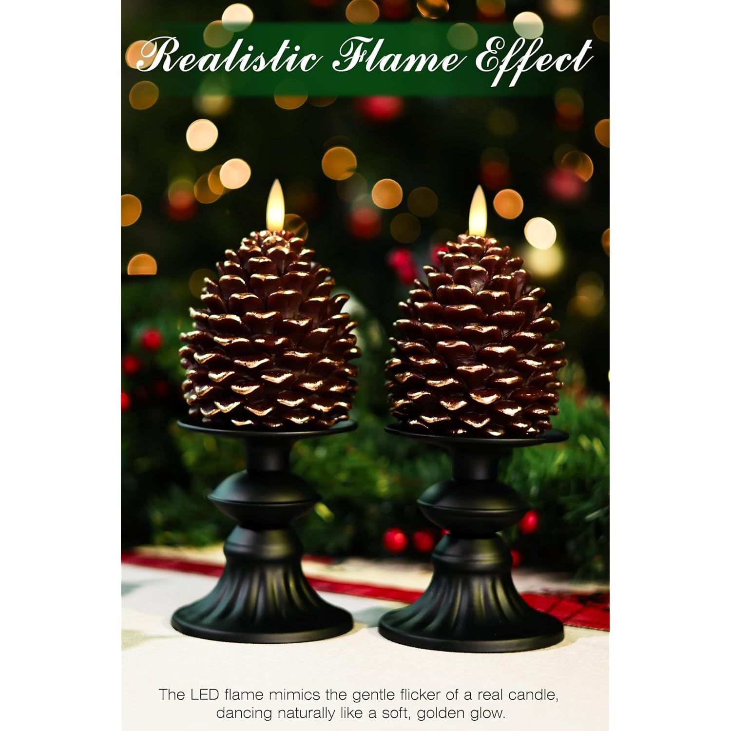 2Pcs Pine Cone Flameless Candles With Remote And Timer,Led Candles Battery Operated,Real Wax Window Candlesticks With Flickering 3D Flame For Christmas Decoration
