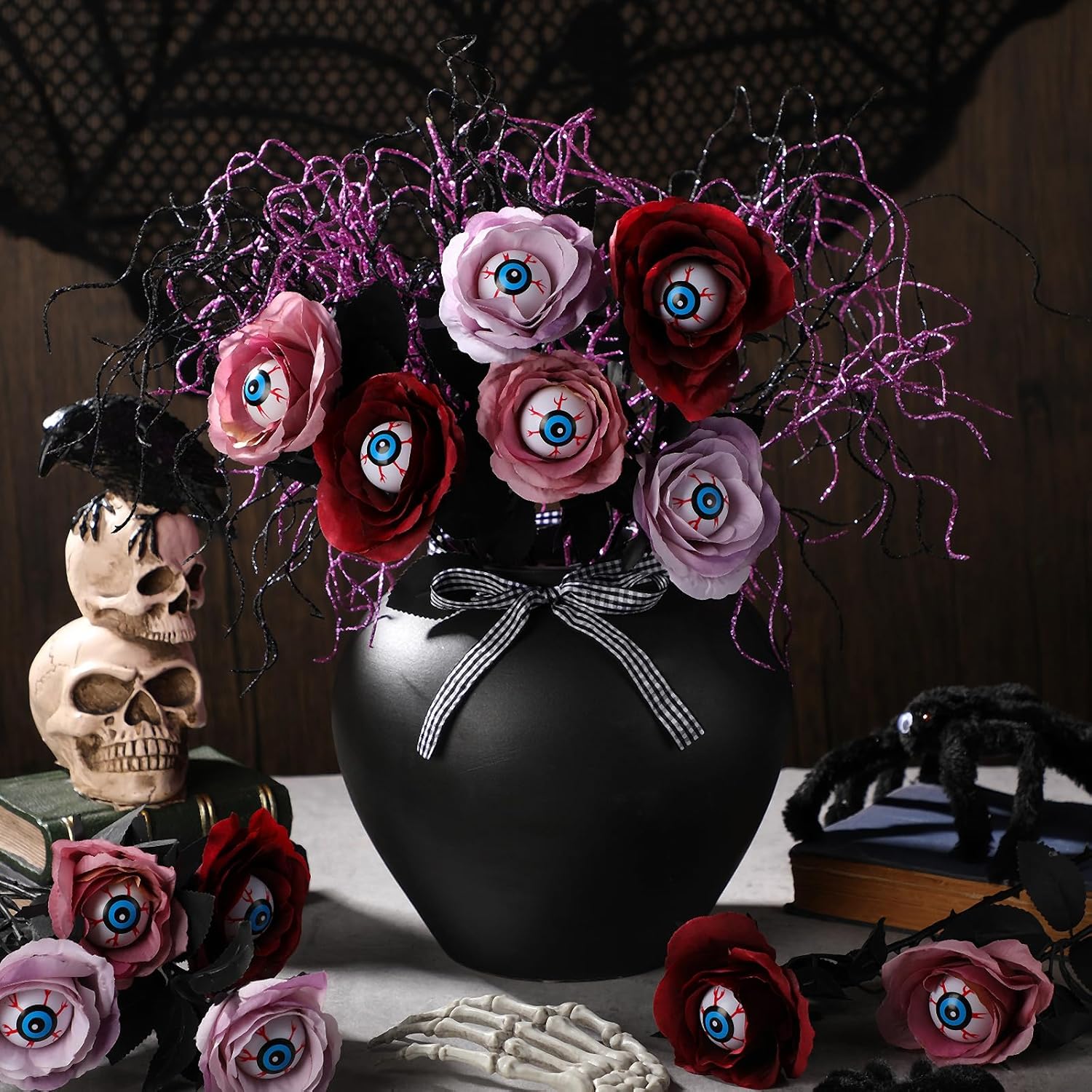 28 Pcs Halloween Flowers Decorations 12 Halloween Eyeball Flowers Artificial Rose Floral With Eyeballs 16 Artificial Glitter Branches Floral Picks Decorative Twigs For Home Indoor Table Vase