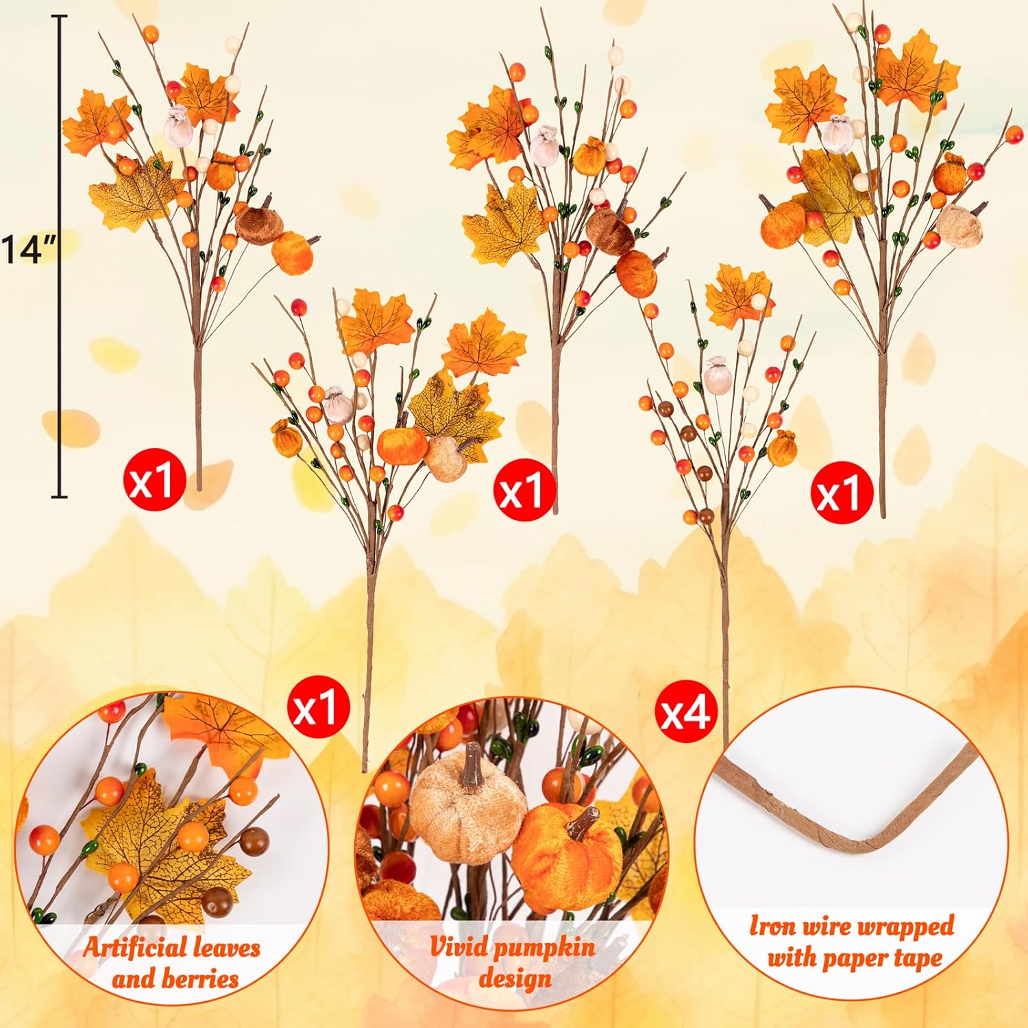 8Pcs Fall Artificial Flowers Pumpkin Picks Decor - Berry Stems With Maple Leaves For Autumn Thanksgiving Home Vase Table Centerpiece Decoration