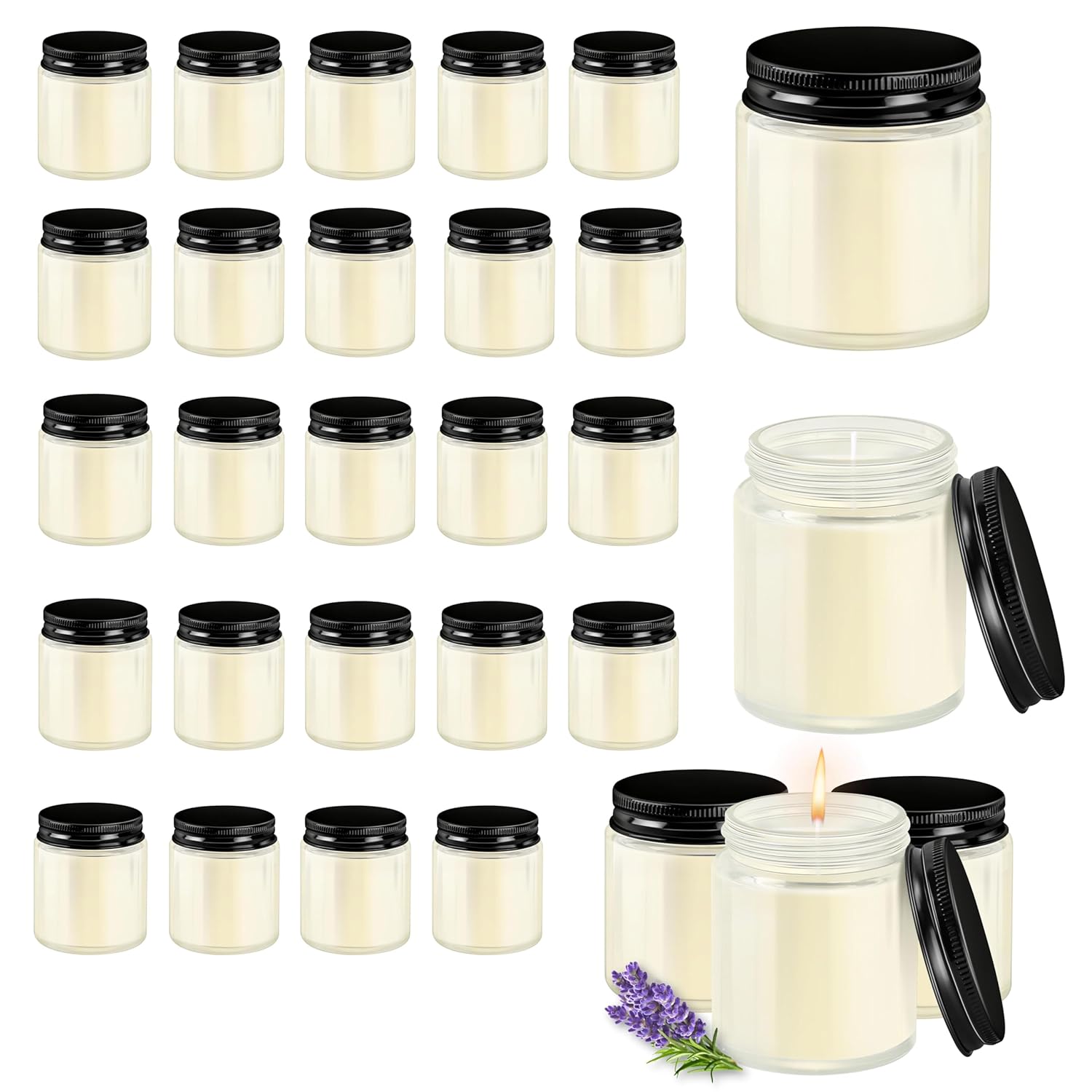 24 Pcs 4 Oz Mason Jar Candles, Lavender Scented Soy Candles Bulk Set For Stress Relief And Relaxation, Great Favors For Wedding, Christmas, Housewarming Gifts (Black-Lavender, 24)