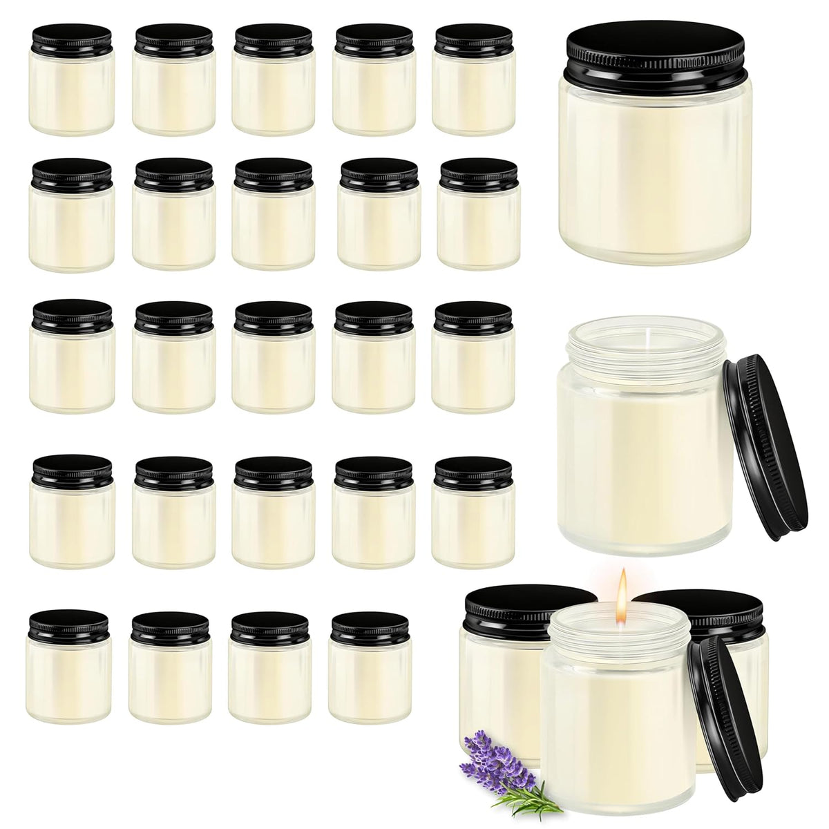 24 Pcs 4 Oz Mason Jar Candles, Lavender Scented Soy Candles Bulk Set For Stress Relief And Relaxation, Great Favors For Wedding, Christmas, Housewarming Gifts (Black-Lavender, 24)