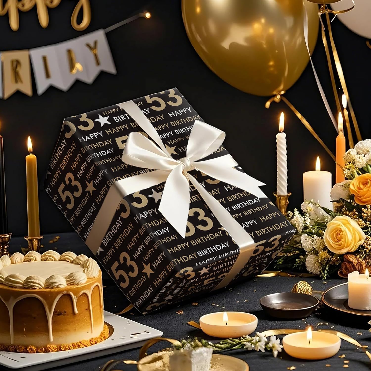 53Rd Birthday Wrapping Paper Roll, Min Roll, Black Gold Design With Stars And Happy Birthday Gift Wrap Paper For Age 53 Men, Women, 53Rd Birthday Party Celebrations, 17 Inches X 16.4 Feet