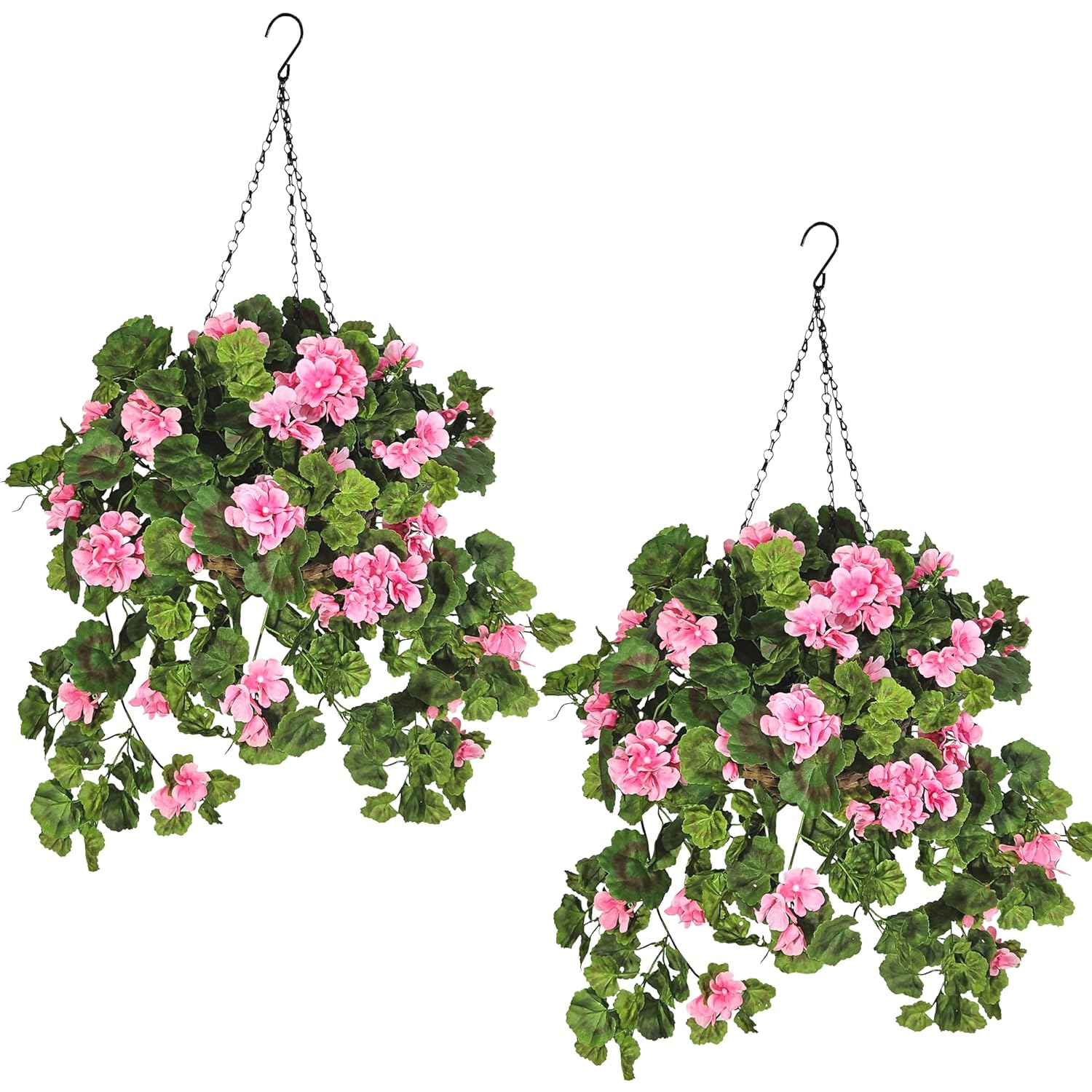 2 Set Artificial Flowers Hanging Baskets For Outdoor Indoor Spring Decoration,15" X 30" X15", Fake Silk Pink Geraniums In 9" Baskets Arrangements For Patio, Balcony, Yard Decor