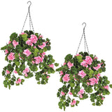 2 Set Artificial Flowers Hanging Baskets For Outdoor Indoor Spring Decoration,15" X 30" X15", Fake Silk Pink Geraniums In 9" Baskets Arrangements For Patio, Balcony, Yard Decor