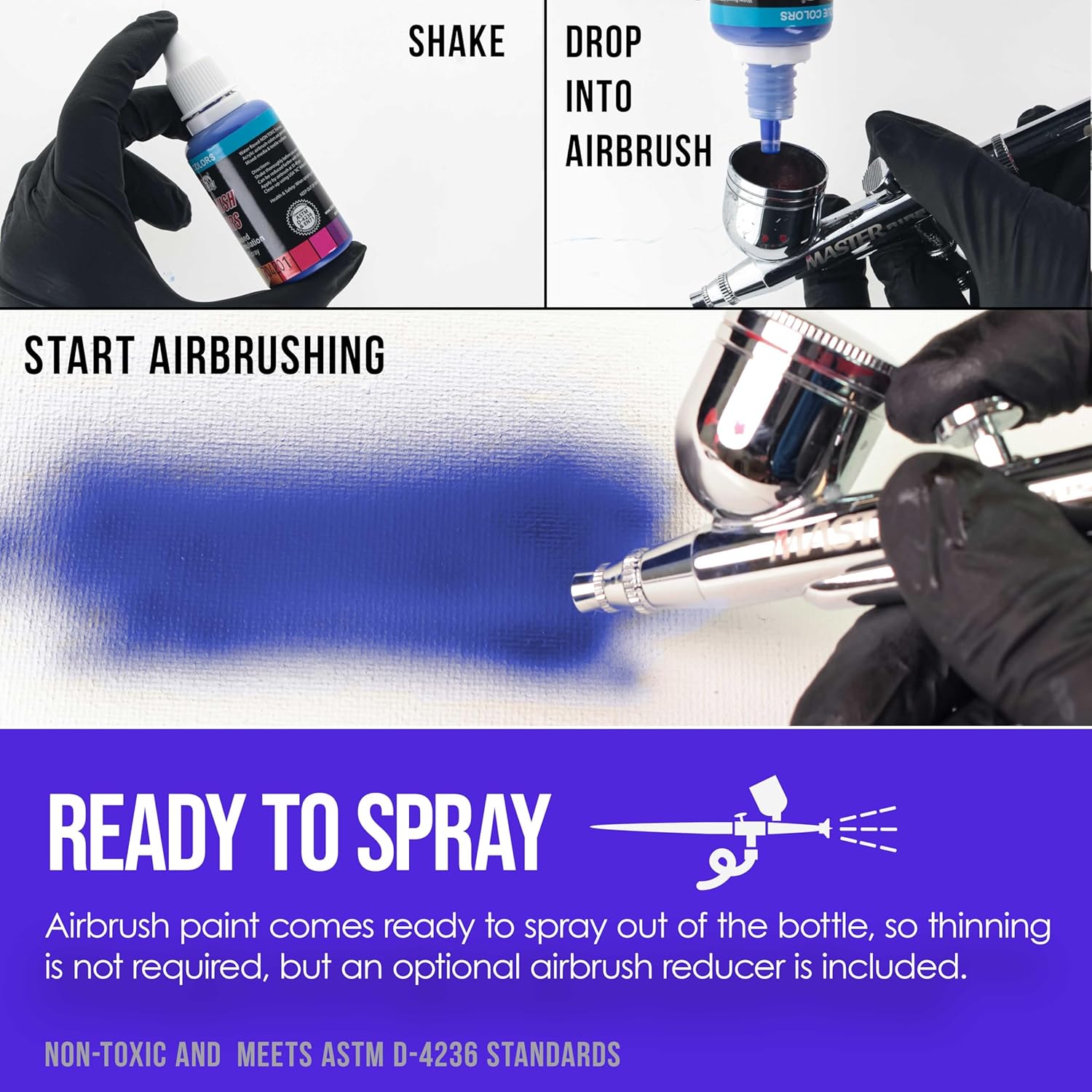 Airbrush Paint Set - 12 Color Ready To Spray Air Brush Paint, 1-Ounce Water-Based Acrylic Primary Opaque With Reducer & Cleaner For Painting Metal, Plastic Models, Canvas, Wood