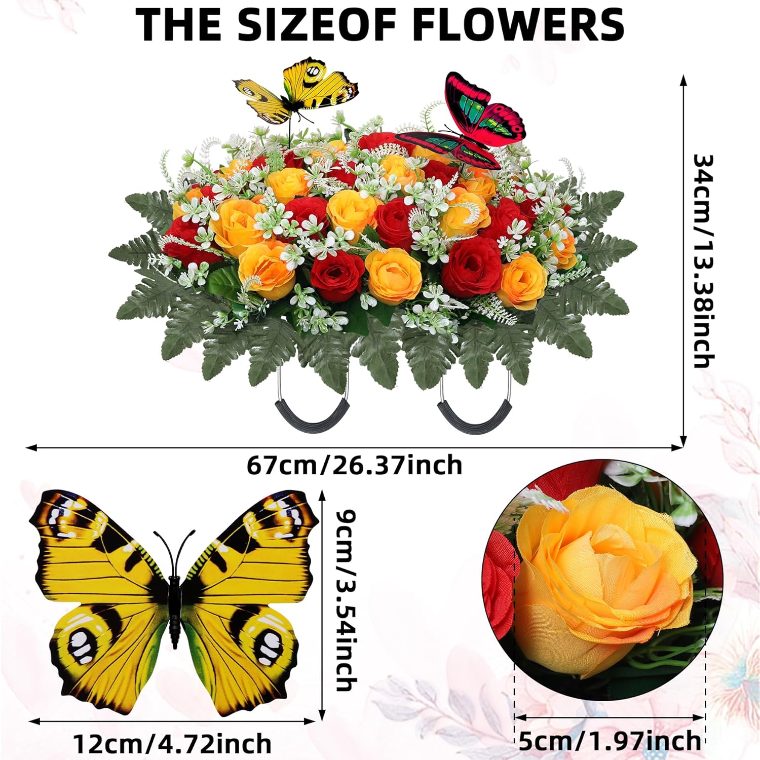 Artificial Cemetery Flowers For Grave,Large Headstone Flower Saddle Realistic Grave Flowers Memorial Silk Rose Flowers With Butterflies For Headstone Grave Decoration Non-Fading Easy Fit (Red Yellow)