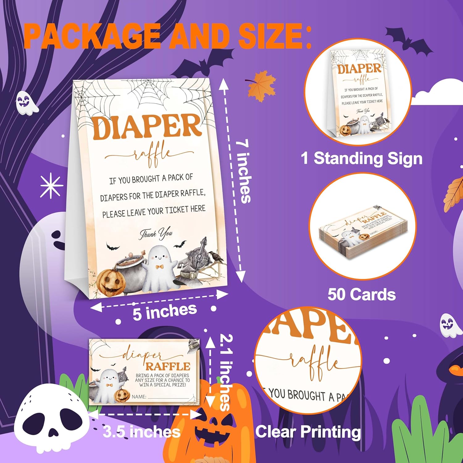 Halloween Baby Shower Games, Ghost Diaper Raffle Tickets For Pumpkin Gender Reveal Party Supplies Decorations, 1 Standing Sign + 50 Tickets - A01