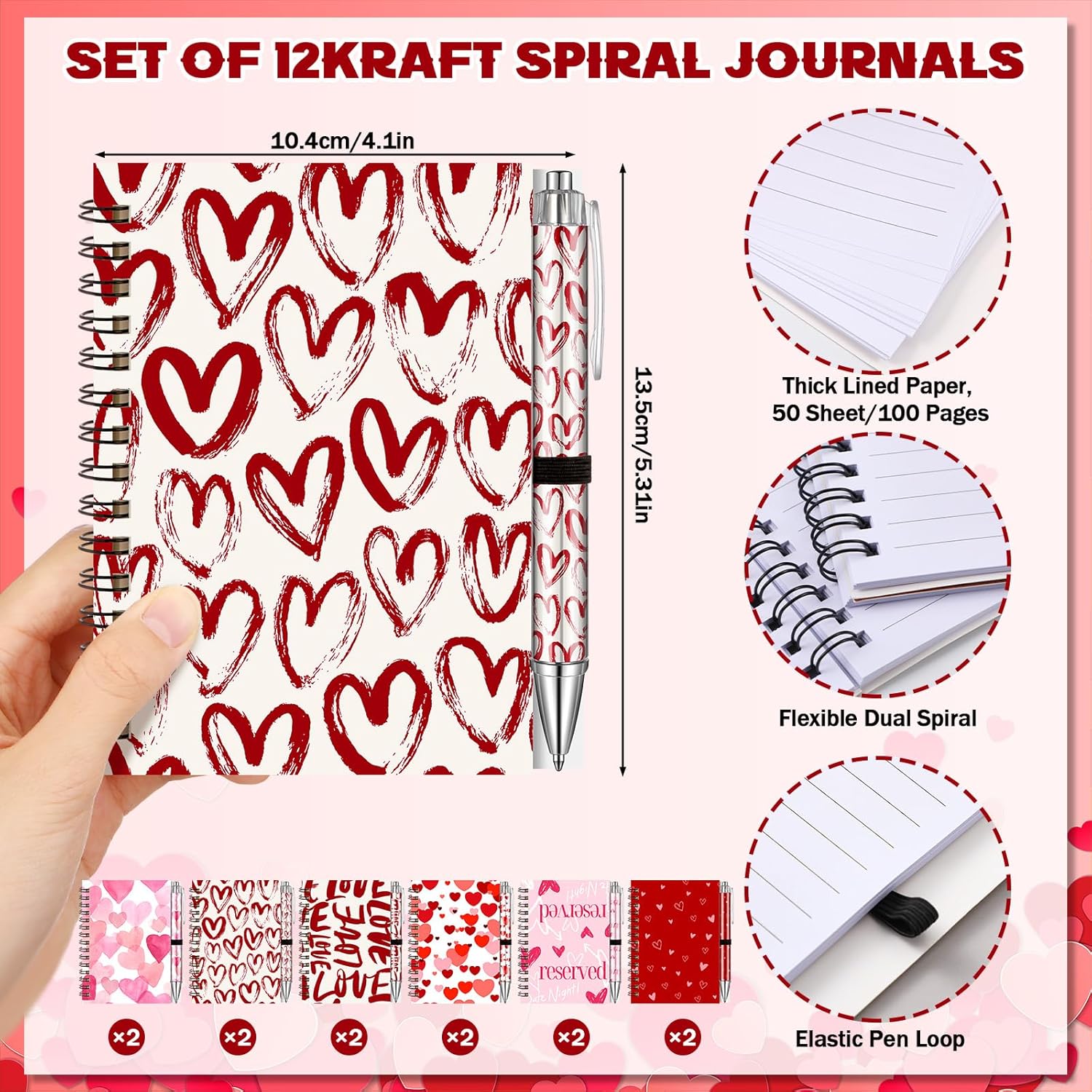 12 Sets Valentine'S Day Heart Notebook Bulk Valentine'S Day Gifts 5.5 X 4.3'' Valentines Pink Spiral Notebook Ballpoint Pens For Family Girls Friends Party Lover