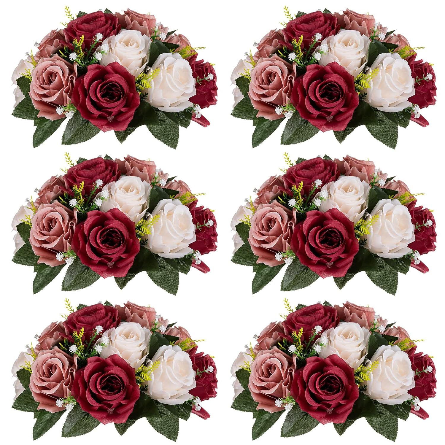Artificial Flower Centrepieces For Tables - 6 Pcs Burgundy & Dusty Rose & Creamy White Fake Flowers Roses Balls 9.5In Diam - Silk Faux Rose Arrangement For Wedding Party Centerpiece Table Decor