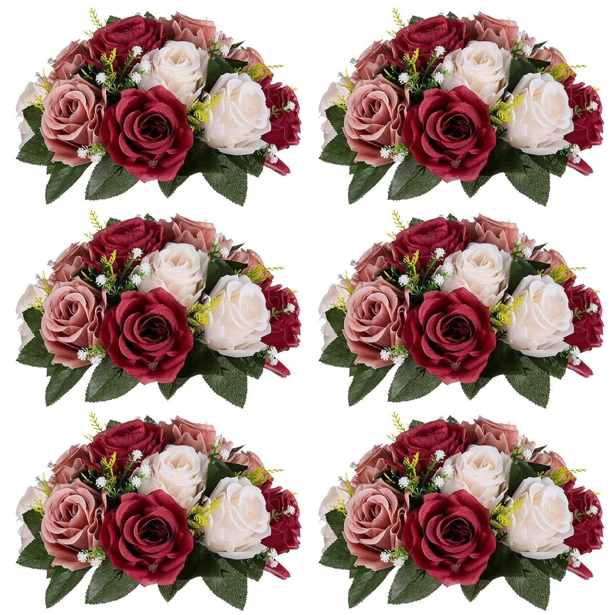Artificial Flower Centrepieces For Tables - 6 Pcs Burgundy & Dusty Rose & Creamy White Fake Flowers Roses Balls 9.5In Diam - Silk Faux Rose Arrangement For Wedding Party Centerpiece Table Decor